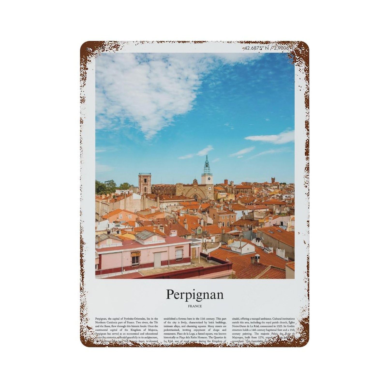 xiaoxiaoshen Perpignan France City Scenery Wall Decor Art Metal Tin Poster Modern Home Decor Art Home Bar Shop Decorations Vintage Sign 40x30cm
