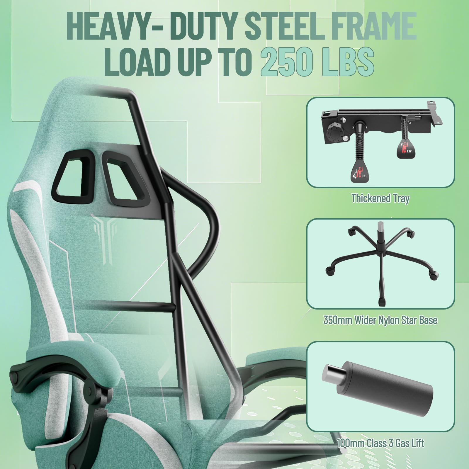 Chaise de Gaming Ergonomique avec Fonction Massage, Repose-Pieds, Oreiller Amovible, accoudoirs intégrés, Charge maximale : 110 kg, Chaise PC, pour Bureau et Maison, Verte