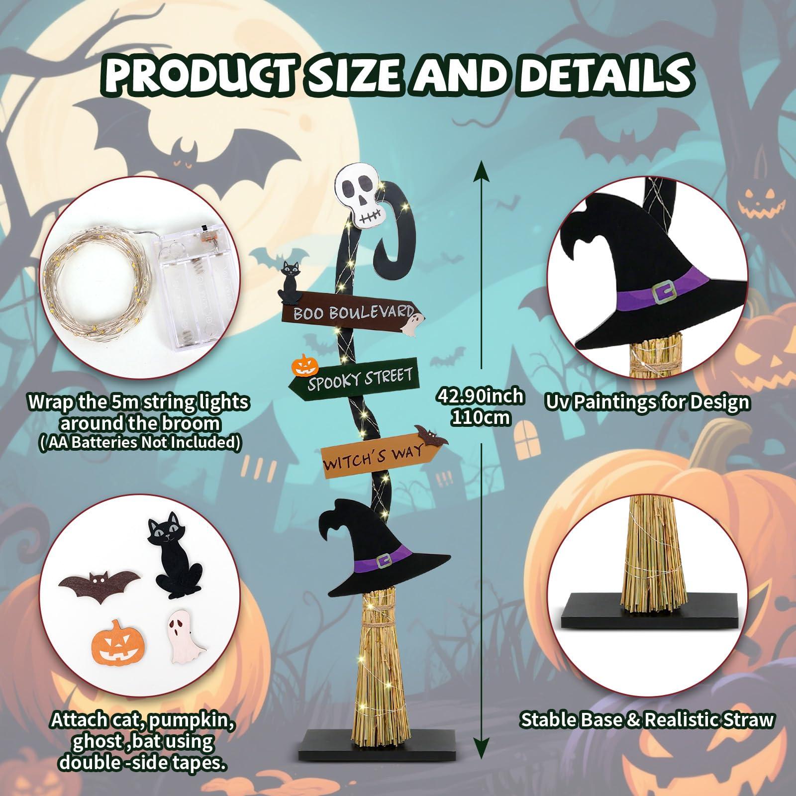 Decorazioni di Halloween | Scopa da strega in legno illuminato | Spooky Light Up Halloween Decor Witch Portico Cartello in piedi per interni ed esterni