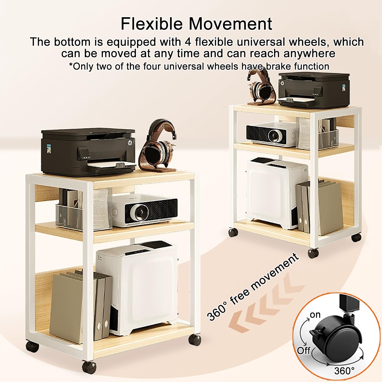 Soporte ajustable para impresora con estante de almacenamiento, soporte móvil para CPU, mesa de impresora industrial para escáner de fax y archivos (natural, 20 x 16 x 27 pulgadas)