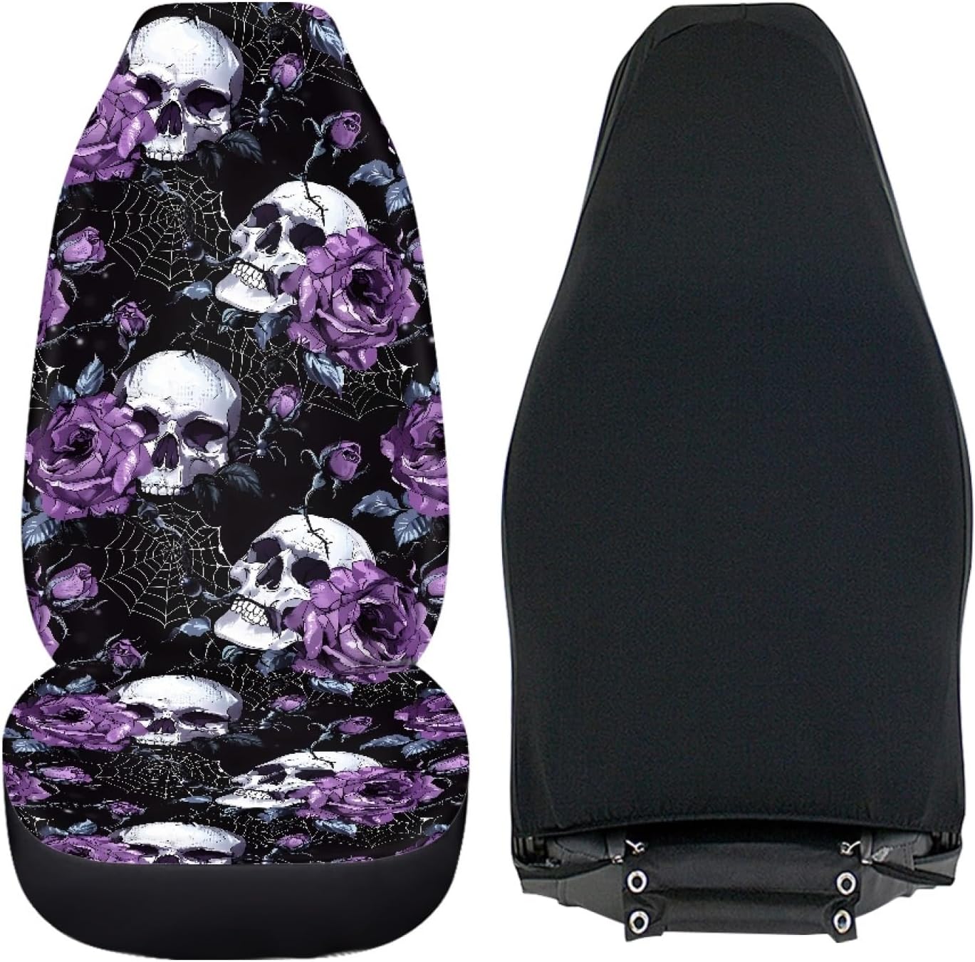 Gothic Skull Seat Covers for Cars Front Seat Purple Rose High Back Bucket Seat Cover 2 Piece Front Seat Cover for Cars SUV Sedan Van