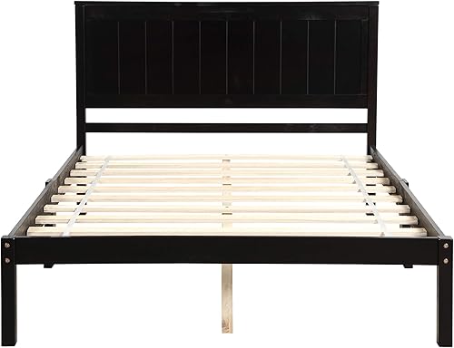 Miniatura 37 de P PURLOVE Base de cama de tamaño matrimonial, cama de plataforma de madera maciza con cabecero, no necesita somier, color blanco