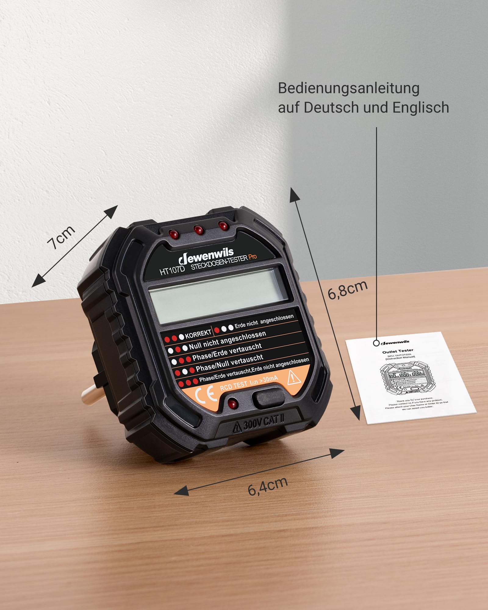 DEWENWILS Probador de Enchufes con Prueba RCD y Pantalla de Voltaje LCD, Pantalla de Luz Indicadora, Prueba FI, 48-250V/45-65Hz, CAT ll 300V