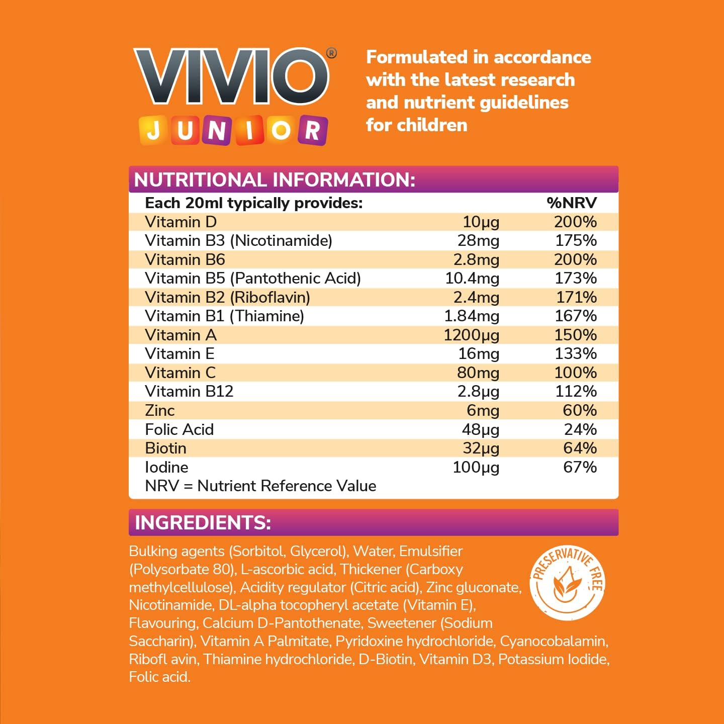 VIVIO Junior Multivitamin Tonic for Kids 12 Added Vitamins Plus Zinc