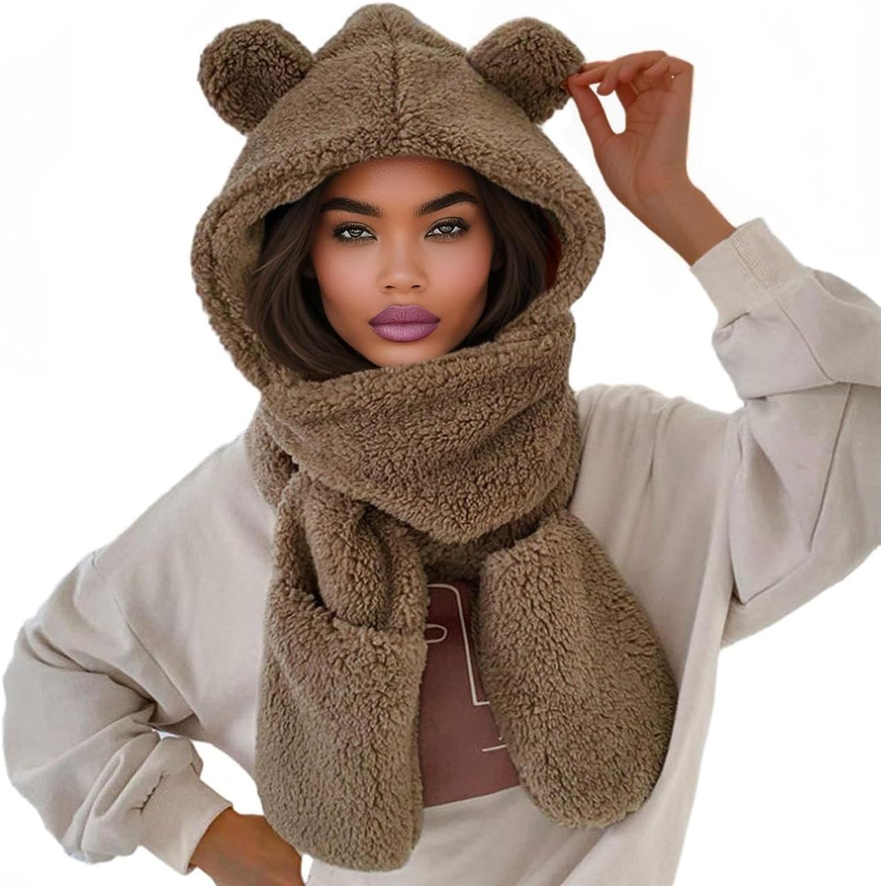Women Cute Bear Hooded Hat Scarf Gloves Set 3-in-1 Earflap Animal Hat Plush Warm Hooded Scarf with Mittens - Image 9