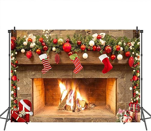 Miniatura 9 de Mocsicka Telón de fondo con temática de chimenea de Navidad para fotografía, árbol de Navidad, regalo de calcetín de fiesta familiar, papel tapiz de