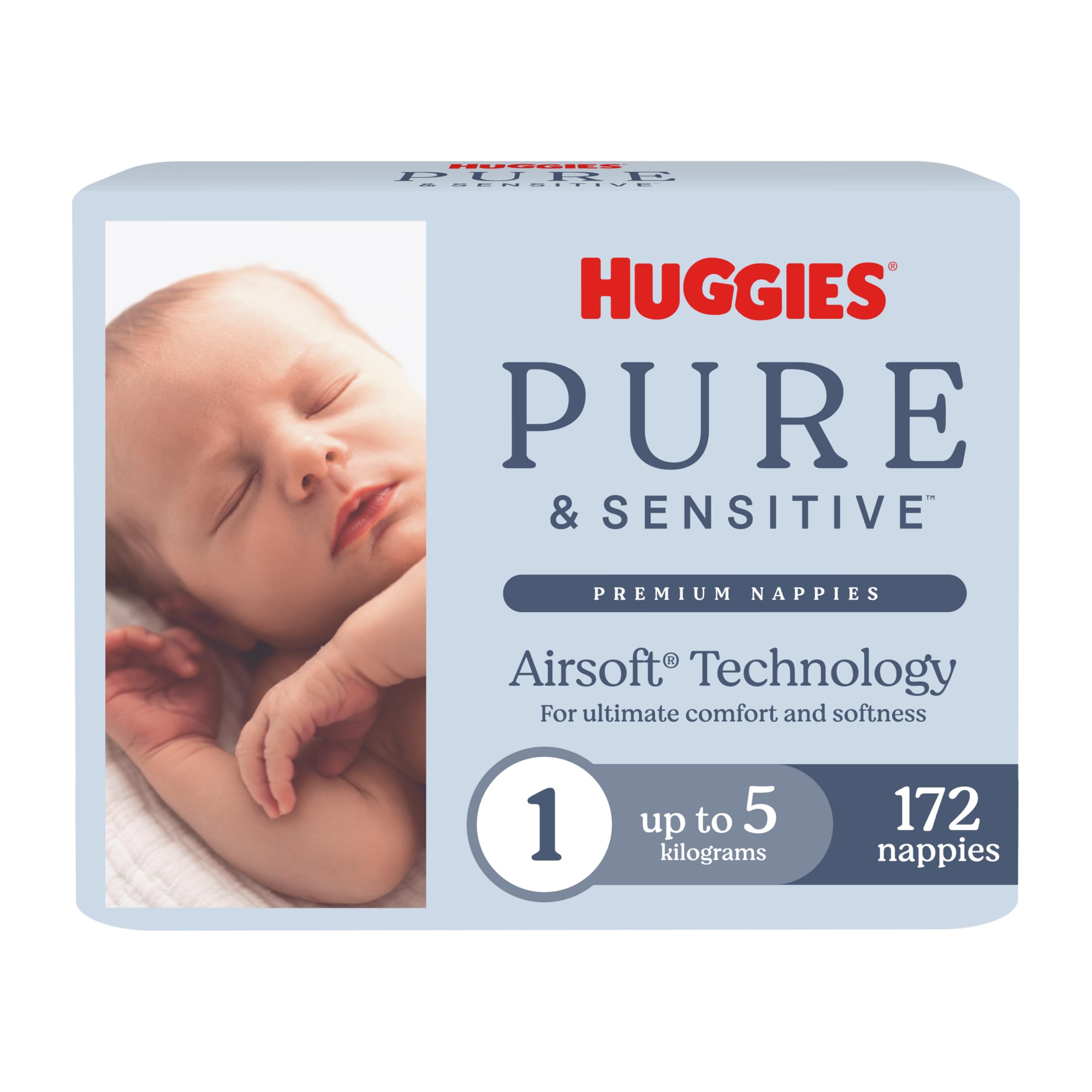 Huggies Pure & Sensitive Nappies Size 1 (up to 5 kg) 172 Count - Packaging May Vary