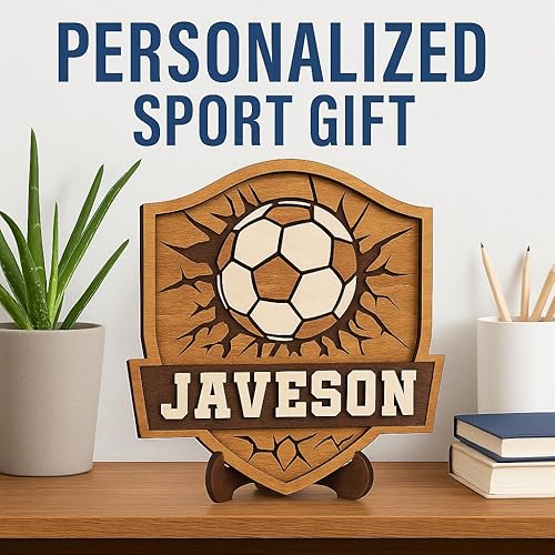 Miniatura 4 de Letrero personalizado con nombre de fútbol  Placa de madera en capas 3D personalizada, decoración de pared de abedul de 5 capas, decoración de sala
