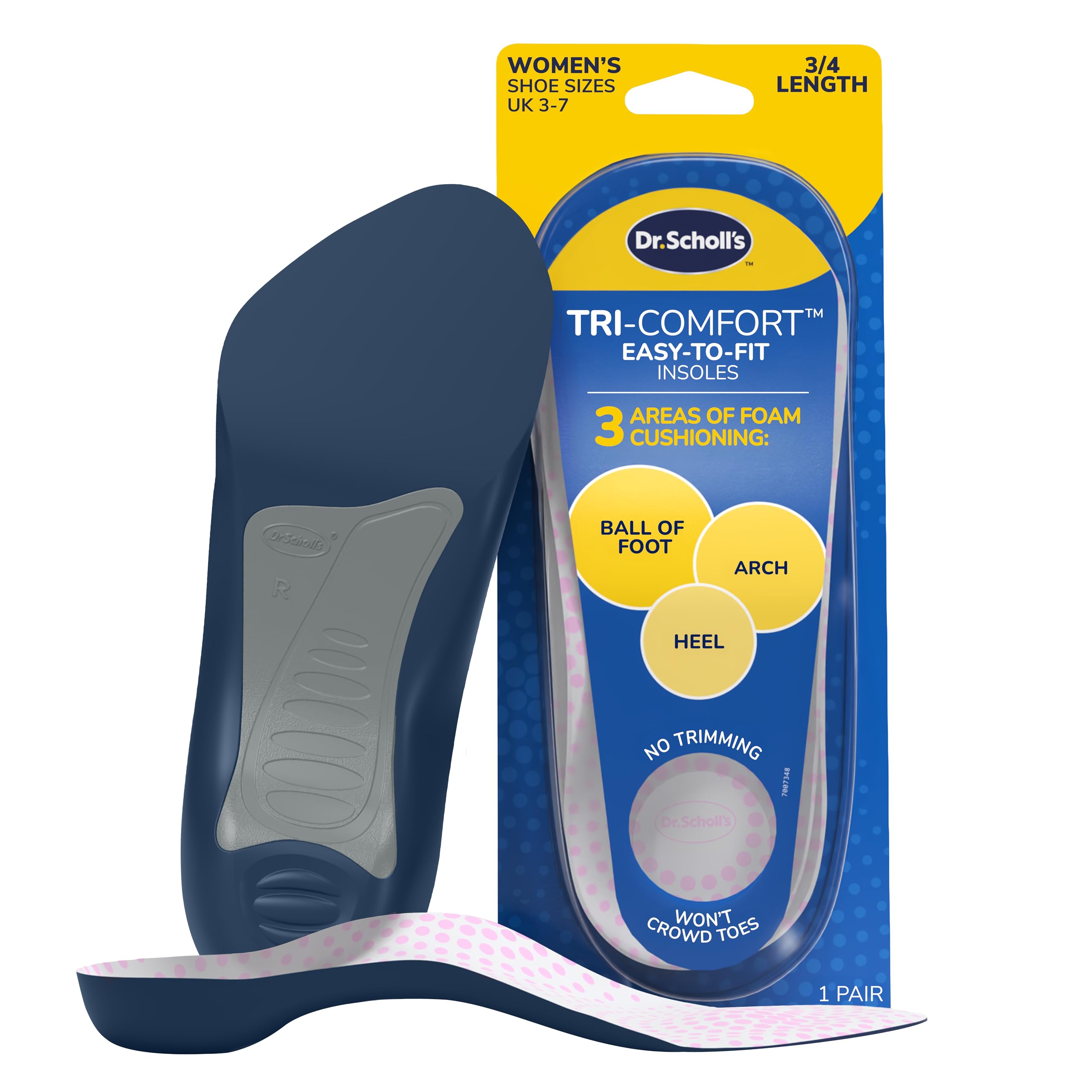 Dr. Scholl's Tri-Comfort 3/4 Length Insoles for Women, All-Day Comfort for Ball of Foot, Arch & Heel, Shoe Inserts with Flexispring Arch Support & Soft Foam Cushioning, No Trimming Required, Size 3-7