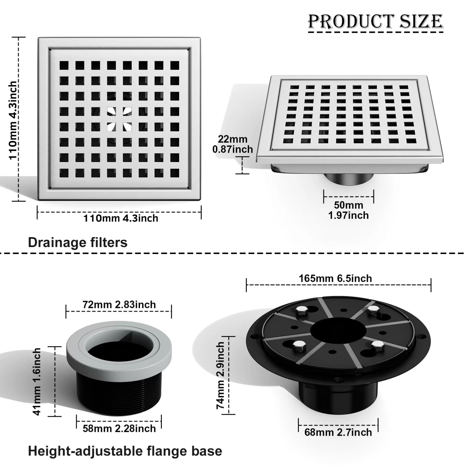 Drenaje de ducha de 10 cm, coladores de drenaje de azulejos de baño, para tubos de 2 o 3 pulgadas, níquel cepillado, acero inoxidable, desagüe de ducha, inserto de baño con brida extraíble estilo