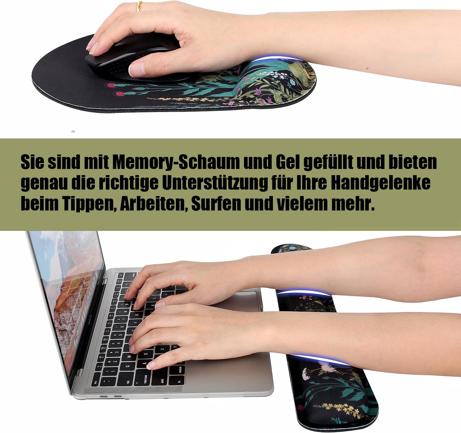 Set di poggiapolsi 3 in 1, tappetino per mouse ergonomico con cuscino in gel, poggiapolsi tastiera + sottobicchiere