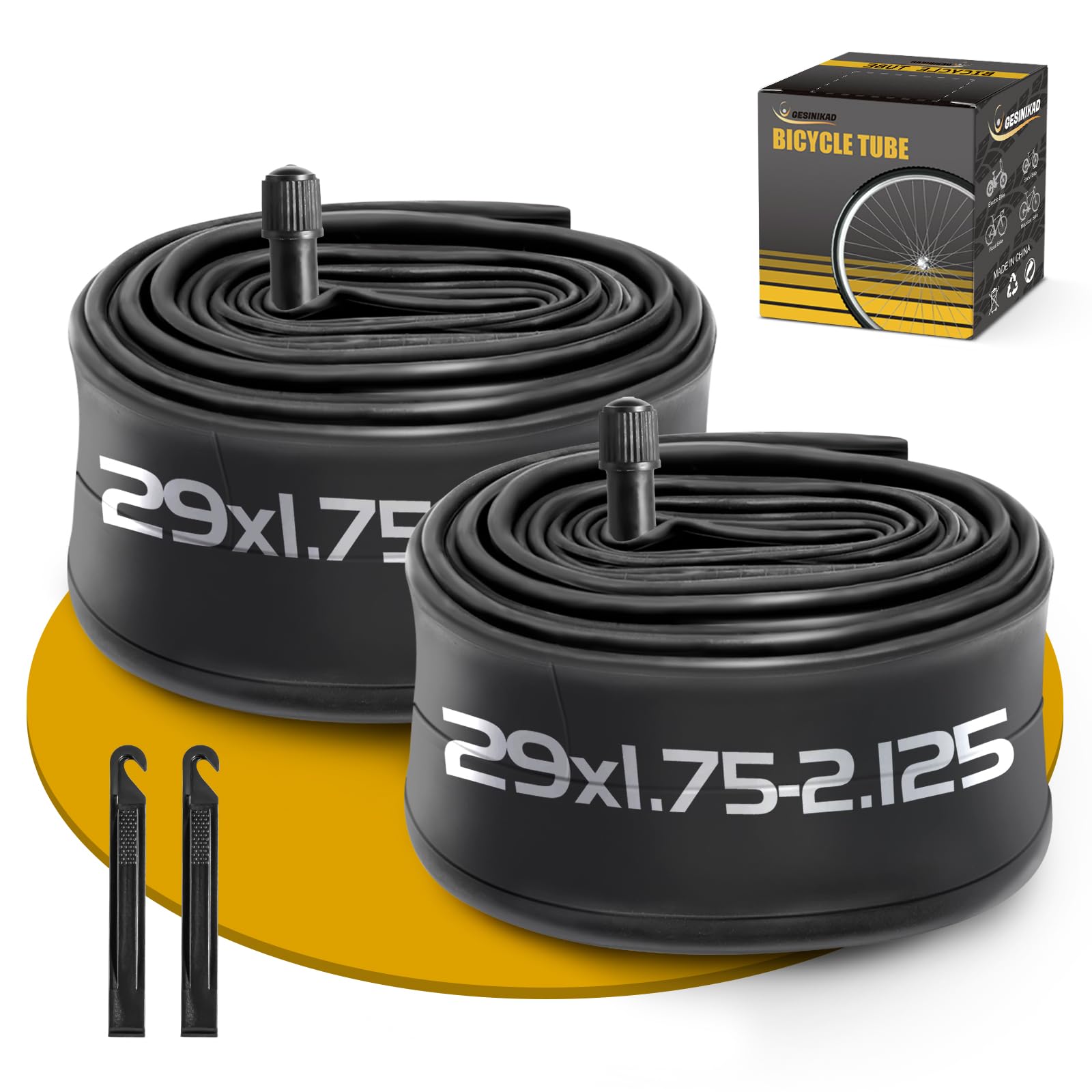 2 Pack 29 Inch Bike Tube AV32mm Schrader Valve, 29" Bicycle Tube for 29 x 1.75/1.9/1.95/2.0/2.1/2.125 Bike Tire, Butyl Rubber Inner Tube with 2 Tire Levers for Mountain MTB Bike