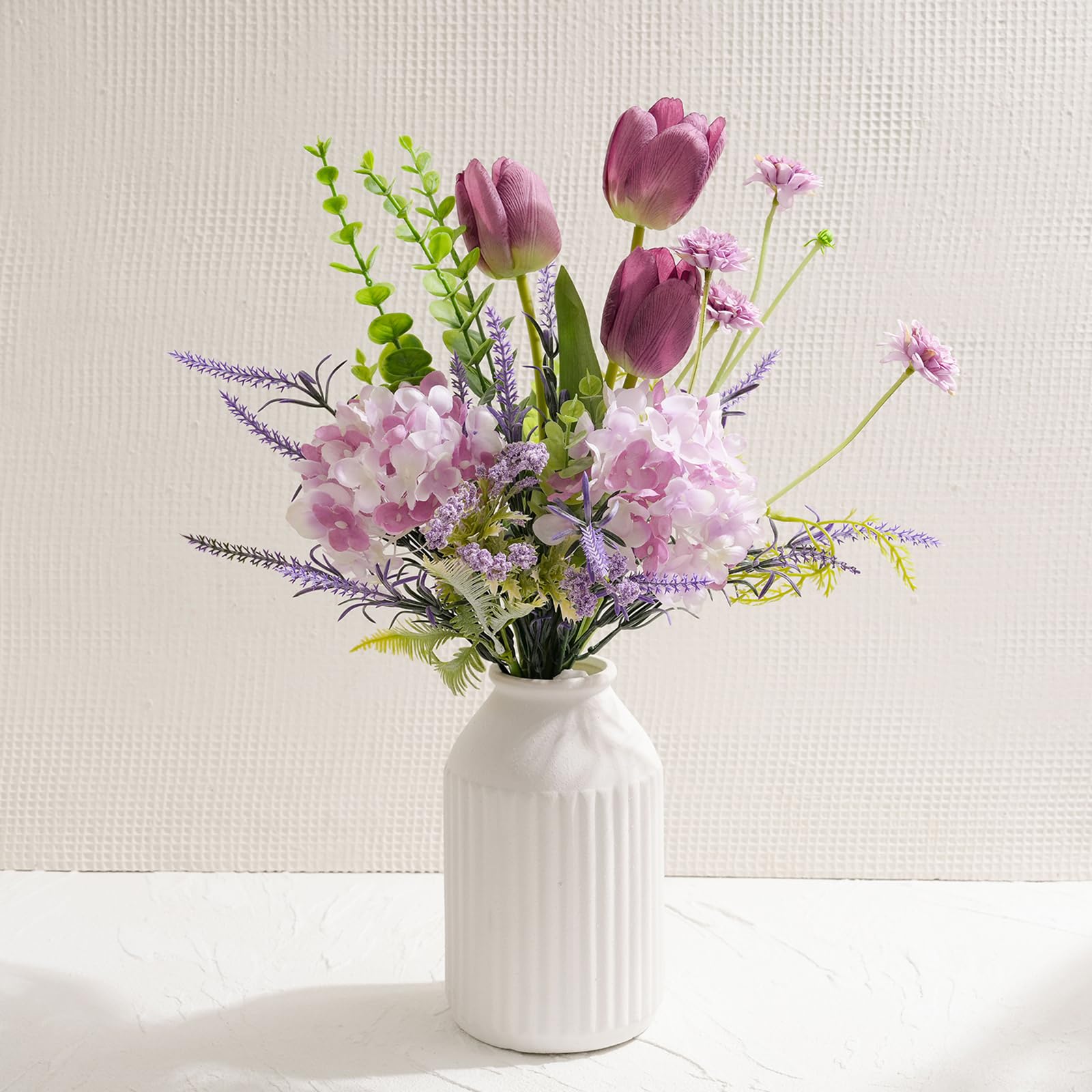 Artificial Flowers in Ceramic Vase, Fake Silk Tulip Floral Bouquet with Pot