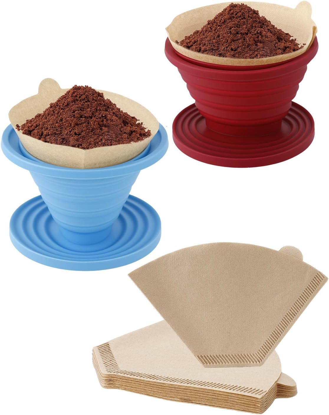 Collapsible Pour Over Coffee Dripper Set, Reusable Pourover Coffee Dripper, Food Grade Silicone Foldable Travel Pour Over with U02 Paper Filters for Camping, Picnic, Traveling (Blue + Red)