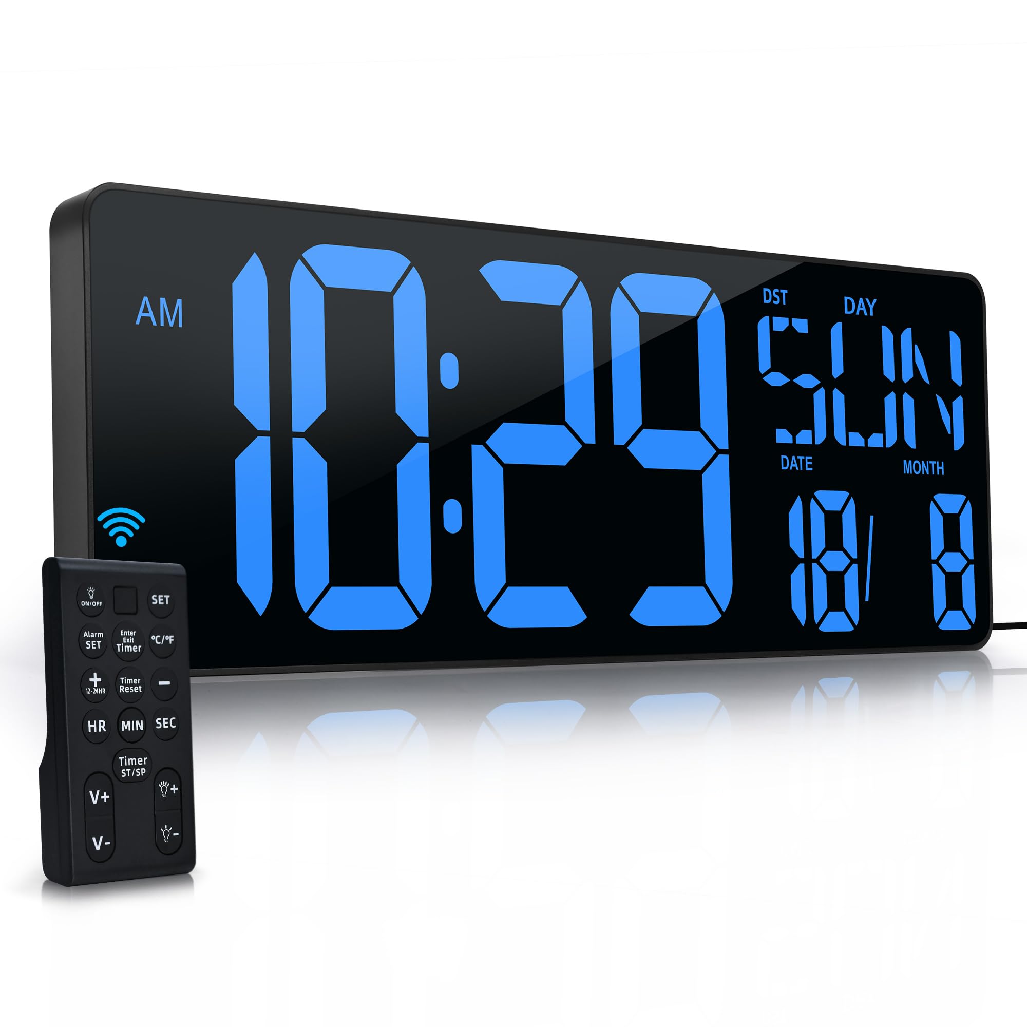 KRSTIR Large Digital Wall Clock with Remote Control 17.2" LED Large Display Timer with Temperature Date Week Auto DST Adjustable Brightness, Big Wall Alarm Clock for Office (080Blue) — image 1