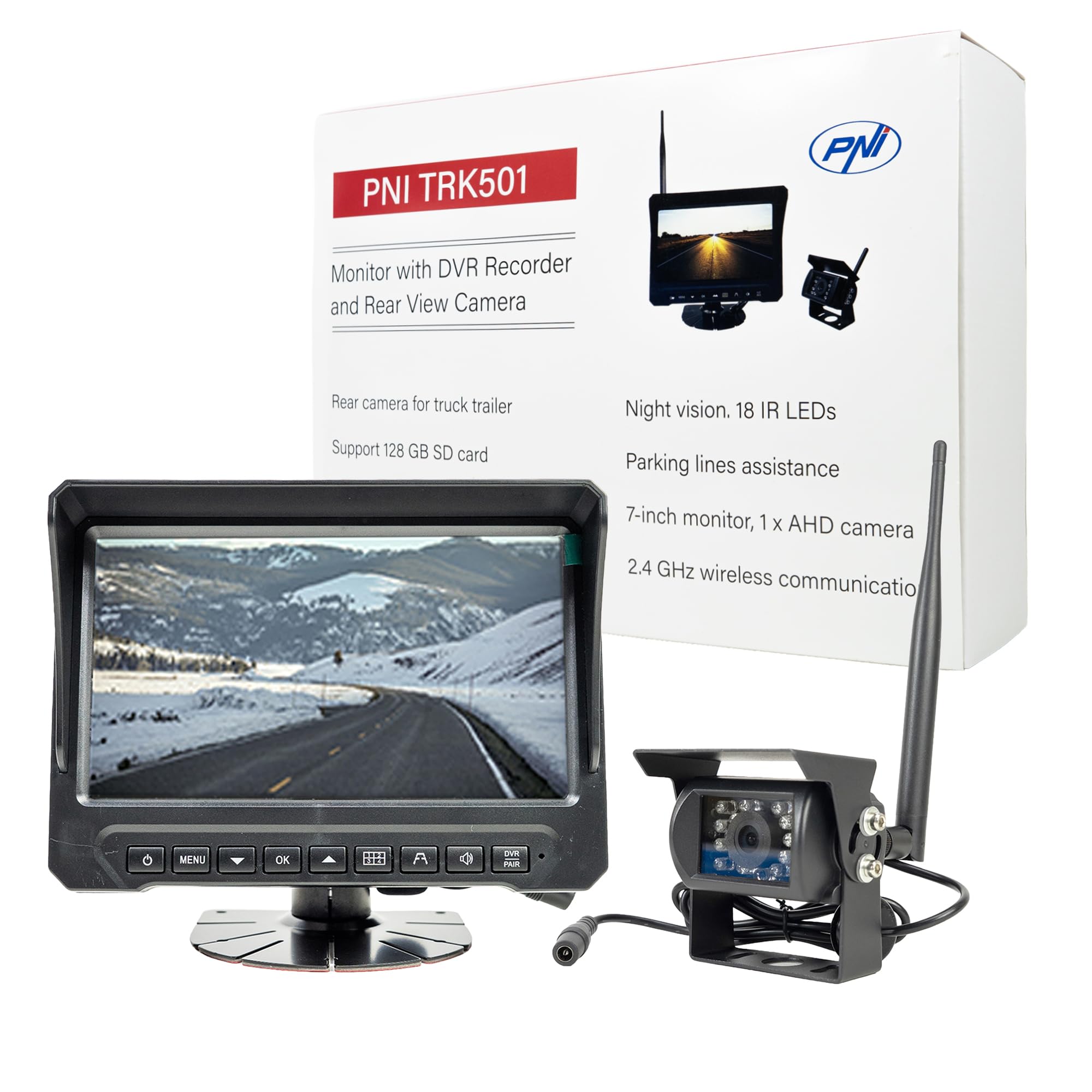 PNI TRK501 Caméra de recul sans Fil et Moniteur LCD avec Fonction DVR, Fente pour Carte Micro SD, LED Infrarouge, pour camions