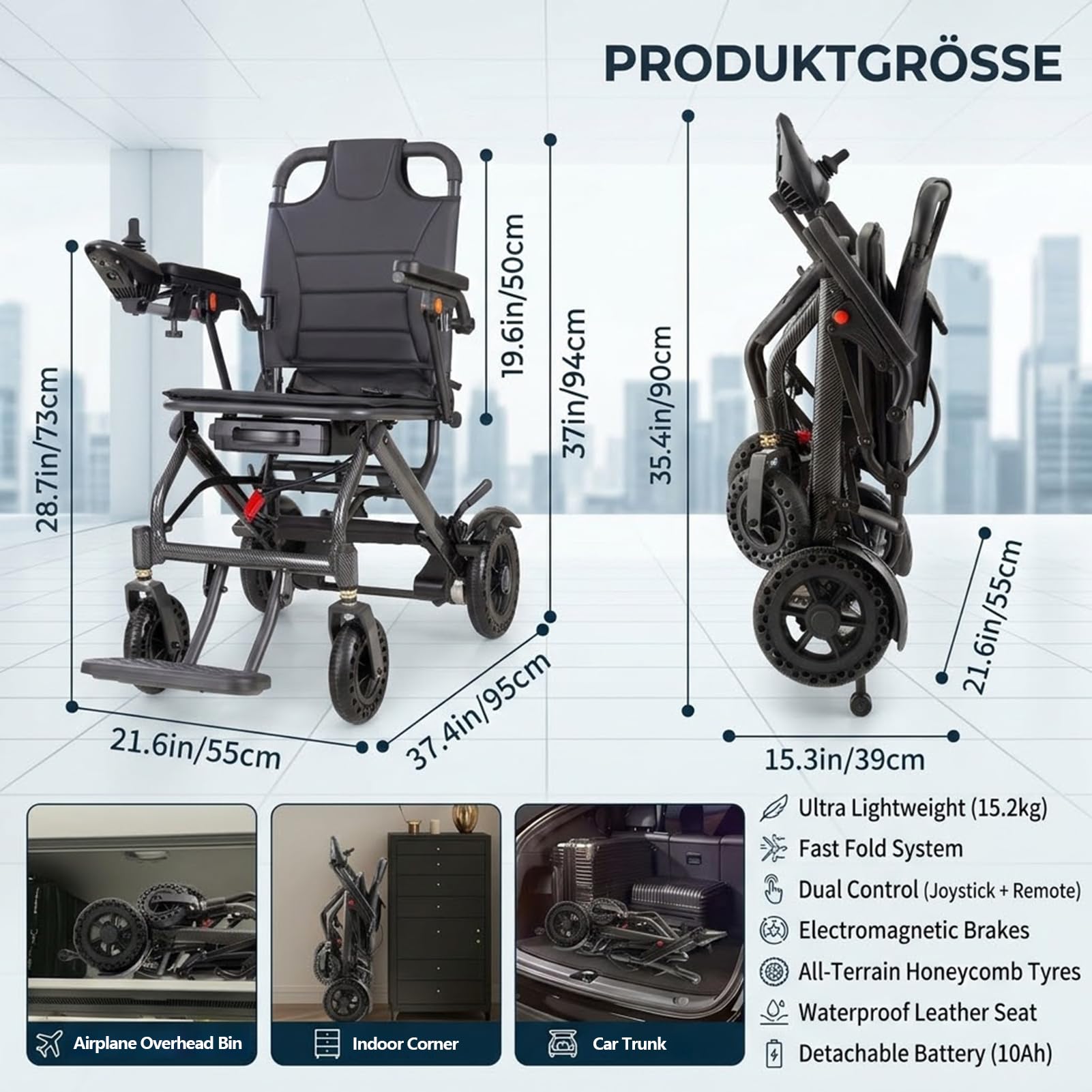Carrozzina Elettrica Pieghevole Leggera 360W Doppio Motore