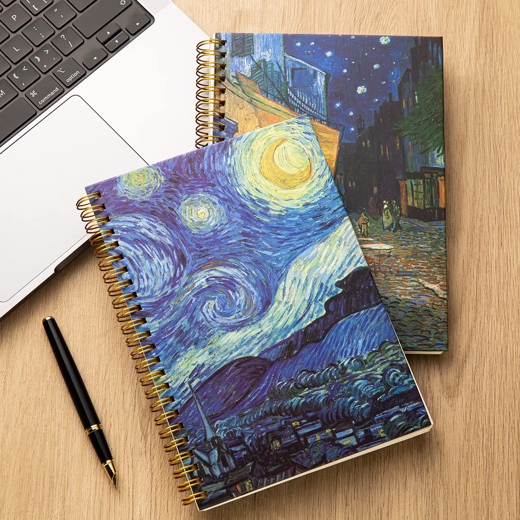 Van Gogh Lot de 4 carnets A5 à couverture épaisse super rigide à spirale 21,1 x 16 cm ligné 4 x 160 pages 100 g/m² Fournitures pour l'école et le bureau