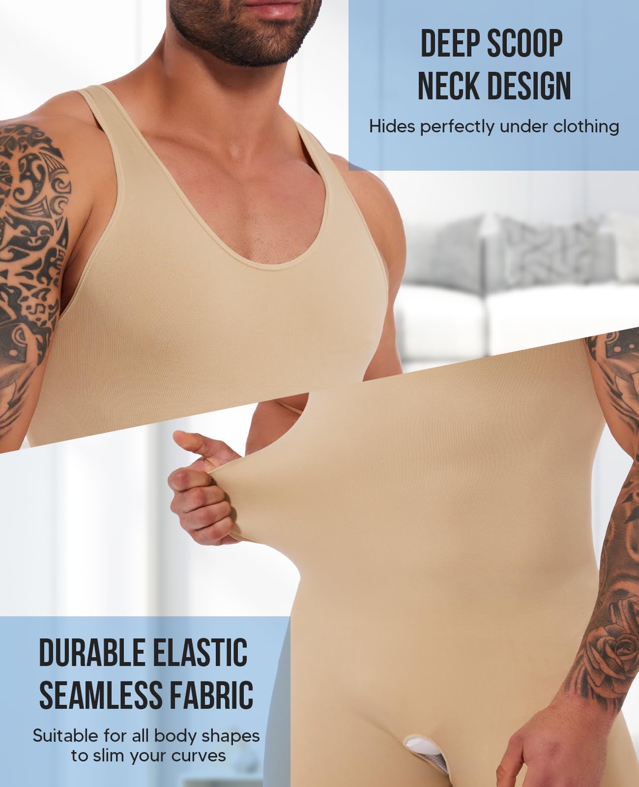 SLIMBELLE Bielizna modelująca męskie podkoszulki kontrola brzucha modelująca całe ciało bielizna męska body bezszwowa lekka modelująca tank top, biały - 01, L | Bezszwowa i lekka, modelująca całe ciało dla mężczyzn, miękka jak druga skóra