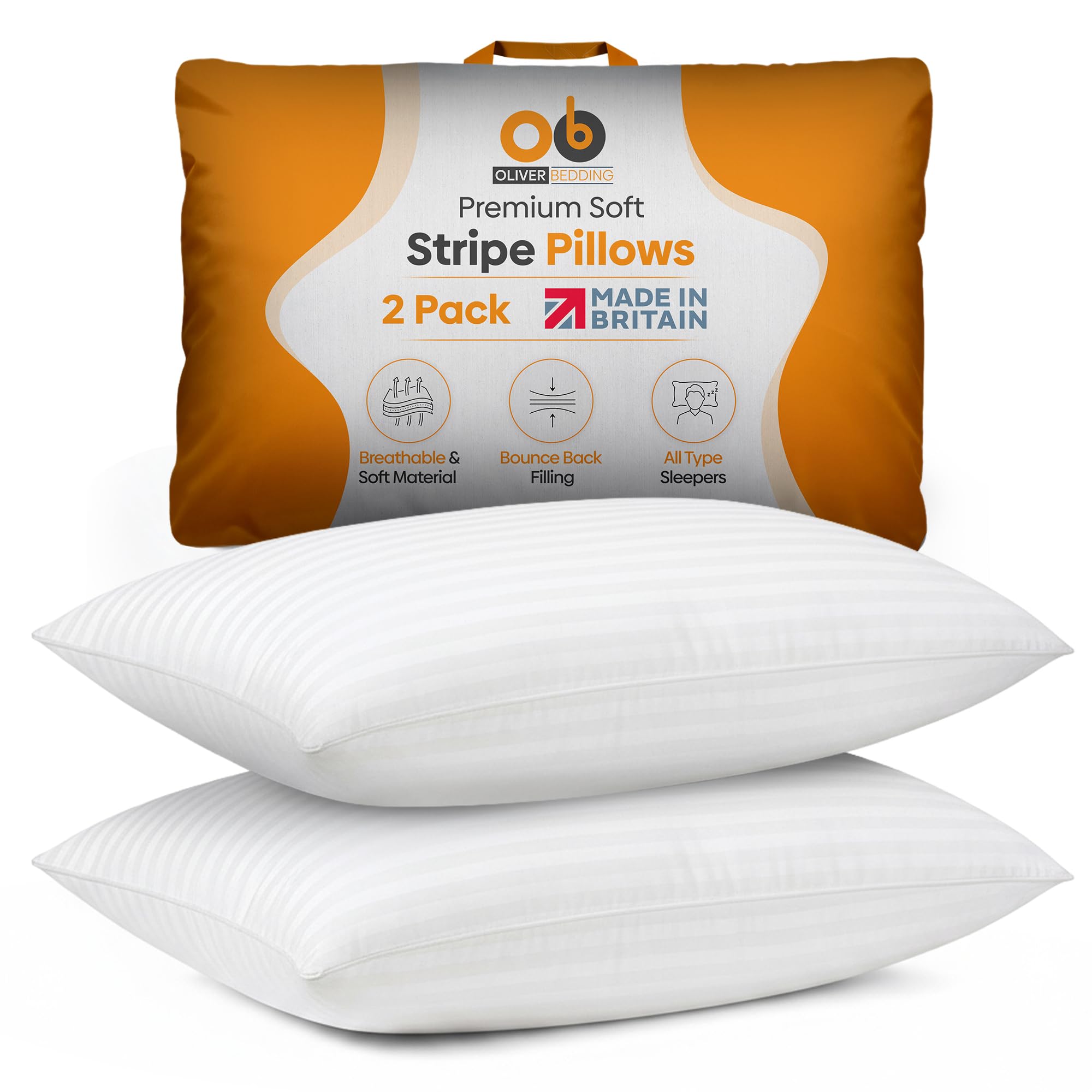 – Premium Stripe Soft Pillows - 2 Pack(White), Microfiber Hotel Quality Pillow for Side Sleepers, Bounce Back Bed Pillow, Designed for Comfort, Luxury Sleep & Dust Mite Resistant