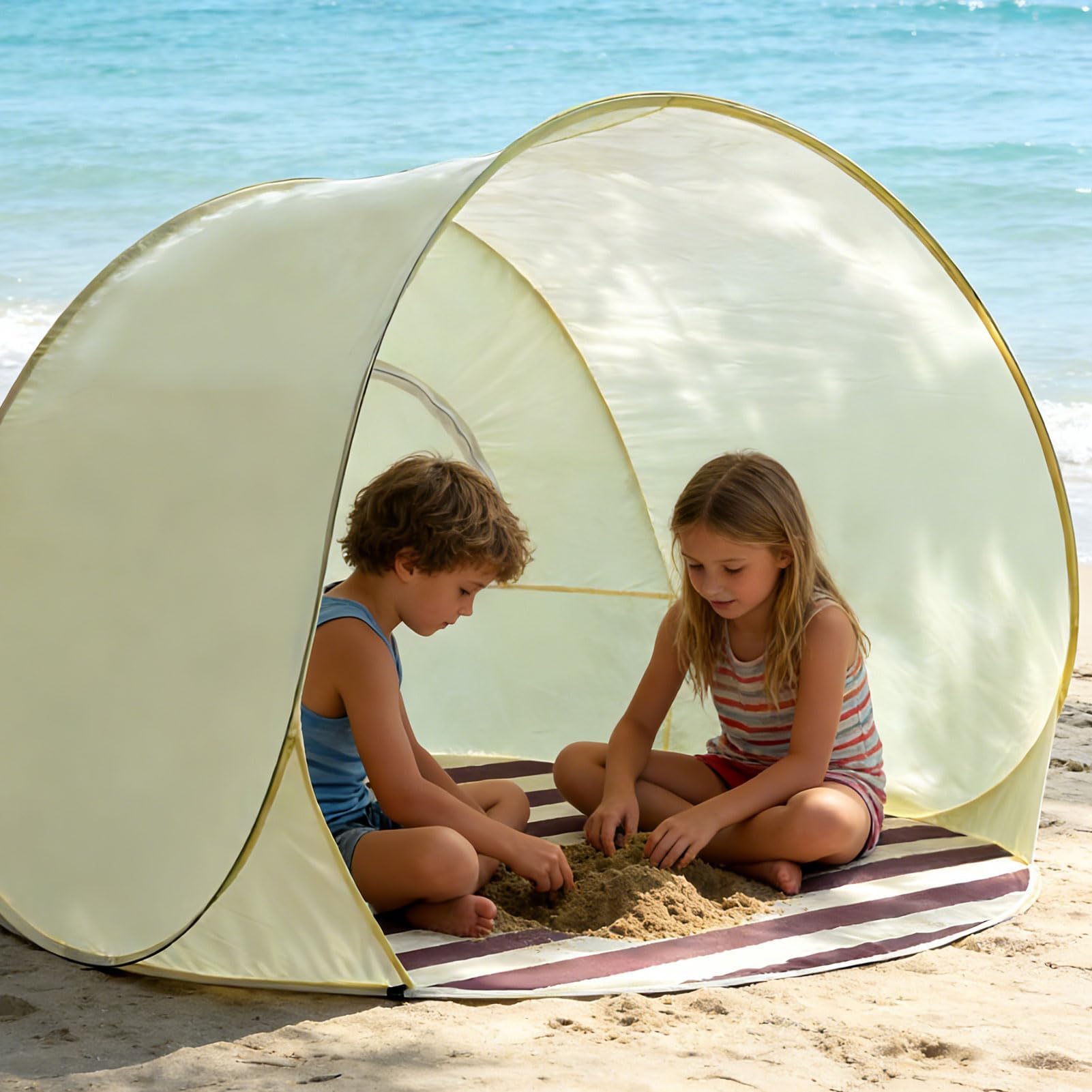 Tente De Plage Pop Up avec Protection UV XXL, 3-4 Personnes UPF 40+,Tente Plage Bebe Anti UV,Tente De Plage Jetable, Protection UV Et Pare-Vent, Abris De Plage, Protection Solaire Pop-up