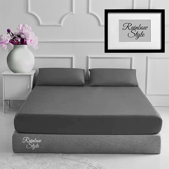 Fitted Bed Sheet With MATCHING FREE 2 X PILLOW CASE Percale Easy Care Poly Cotton Plain Dyed Bed Sheet Grey Double