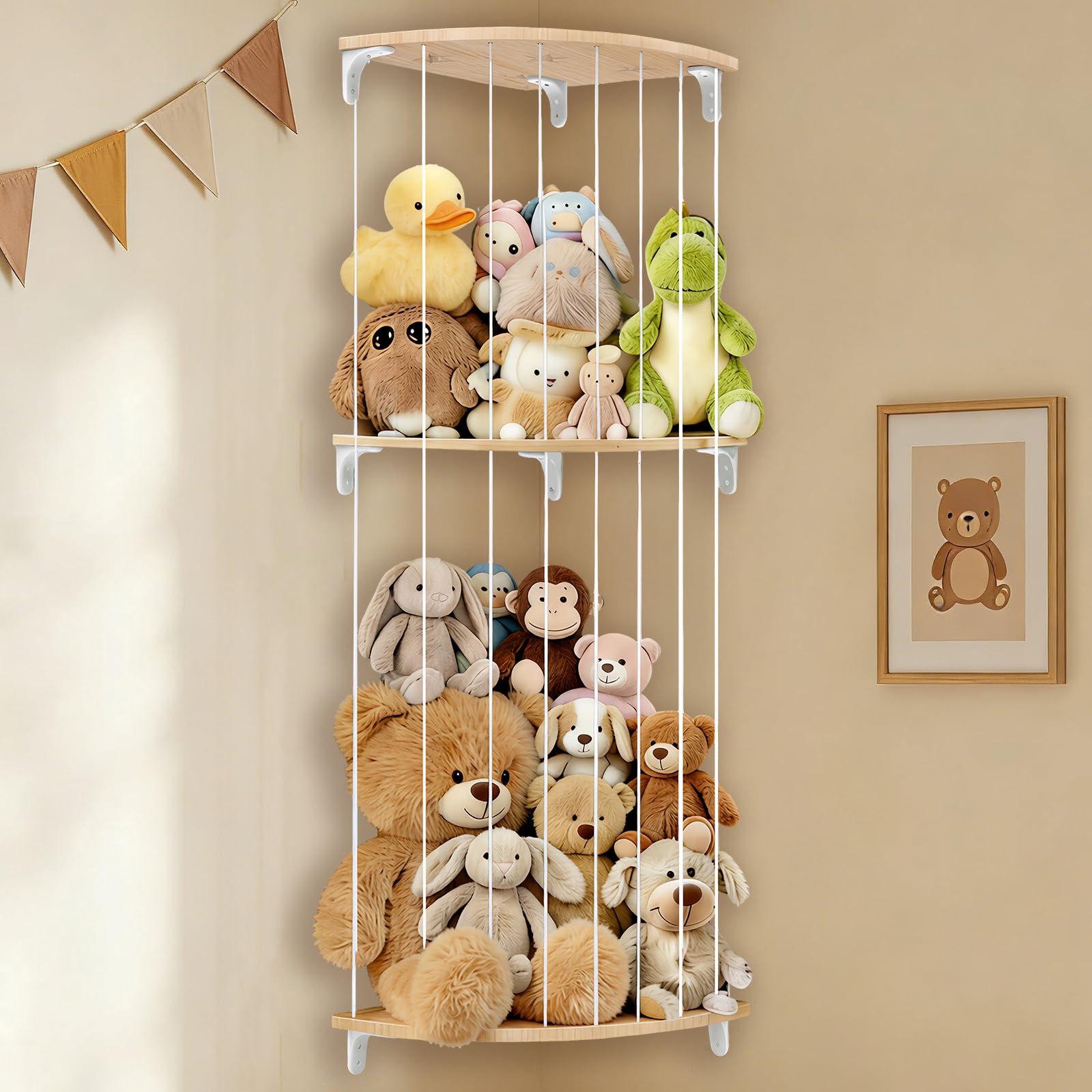 Leng Ke 2-Tier Adjustable Stuffed Animal Storage Shelf, 50-80 in Wall Hanging Toy Storage Net Holder for Nursery Playroom Bedroom Kids Room
