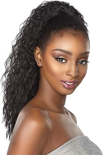 Sensationnel Instant Pony Half Wig- French Wave 18 Inch Synthetic Updo with Adjustable Drawstring for Seamless (1B OFFBLACK)