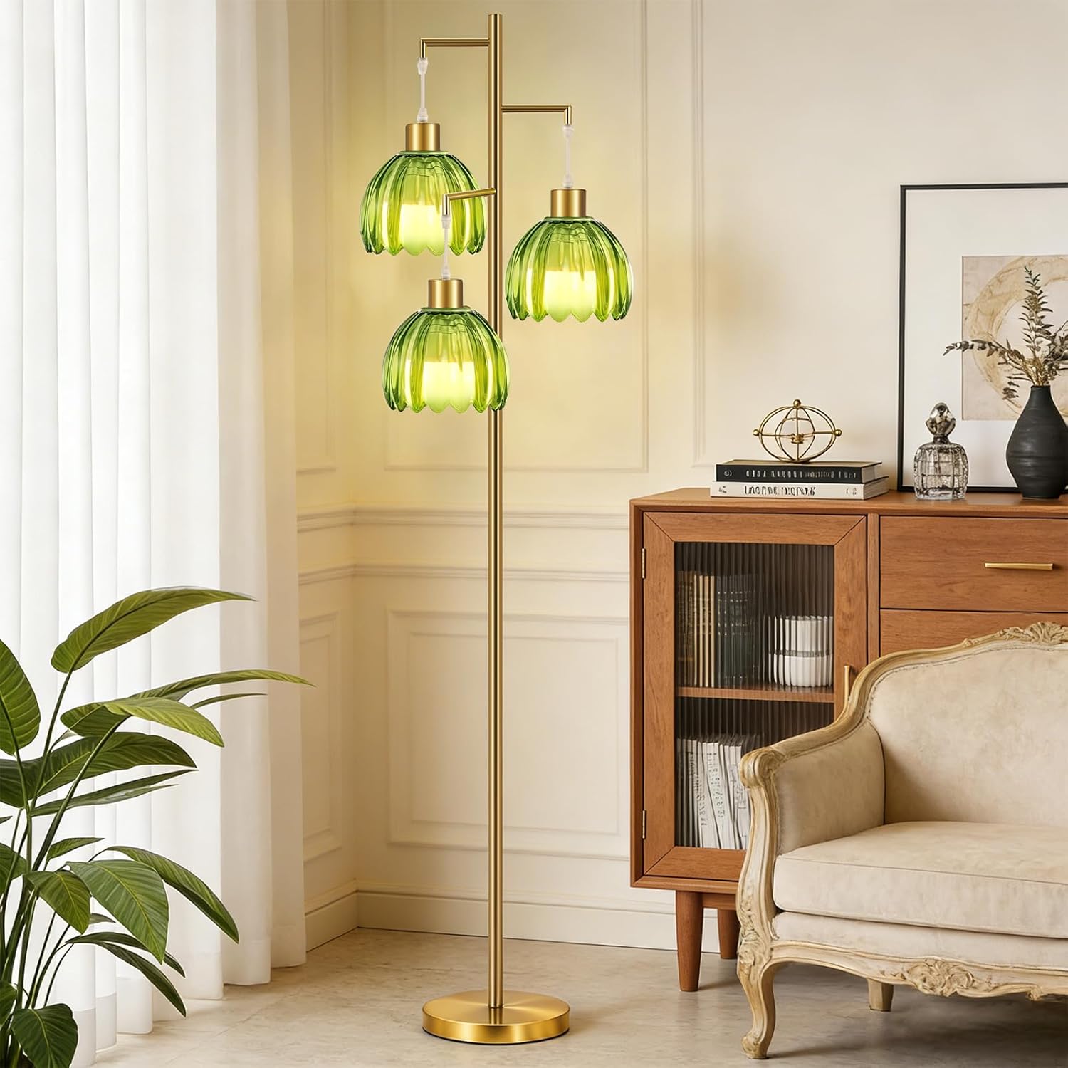 Gold Floor Lamp for Living Room,Bedroom, 3 Light Standing Lamp Mid Century Modern Brass Tree Green Glass Flower Lamp Shade Tall Floor Lamps Vintage Retro Floor Lights Farmhouse Boho Bohemian