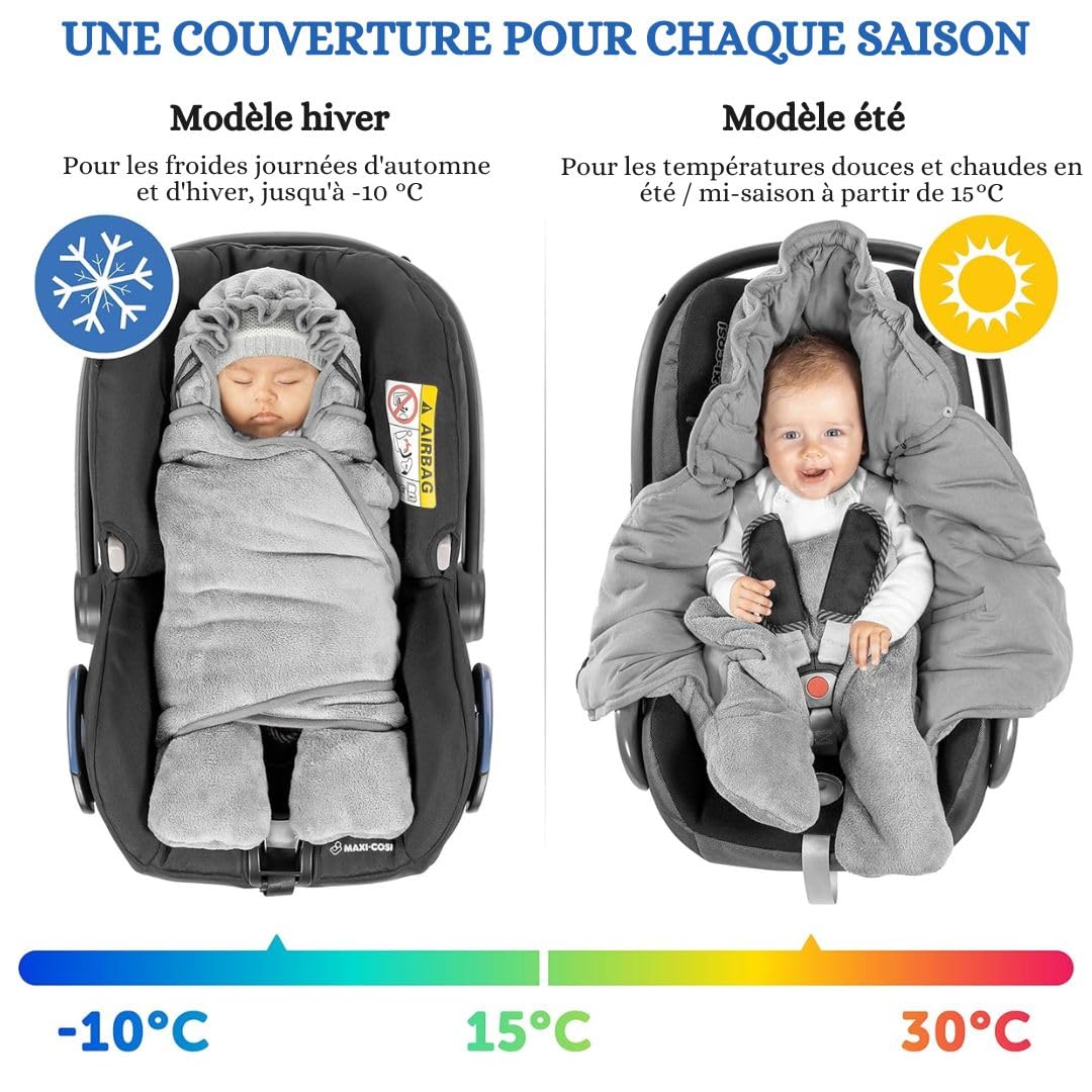 Zamboo Couverture Enveloppante Bébé Siège Auto avec Pieds - Nid d'ange Bebe Léger pour Cosy (par ex. Bébé Confort, Cybex, Römer) et Landau, Sac Inclus - Gris