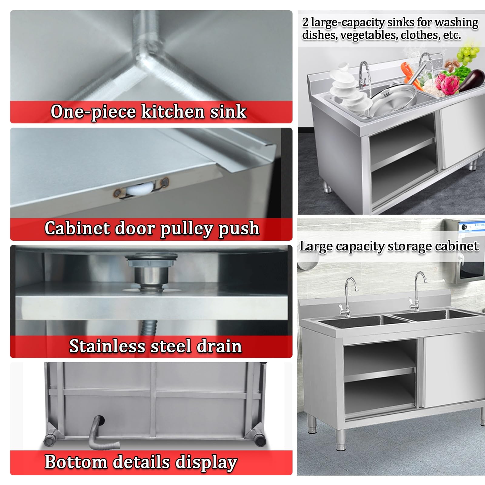 Fregadero de Cocina Comercial de Acero Inoxidable Fregadero Exterior Jardin 2 Seno Acero Inoxidable con 2 Puertas con Estantes de Almacenamiento Para Cocina Garaje Lavandería Exterior(100*60*80cm/39.3