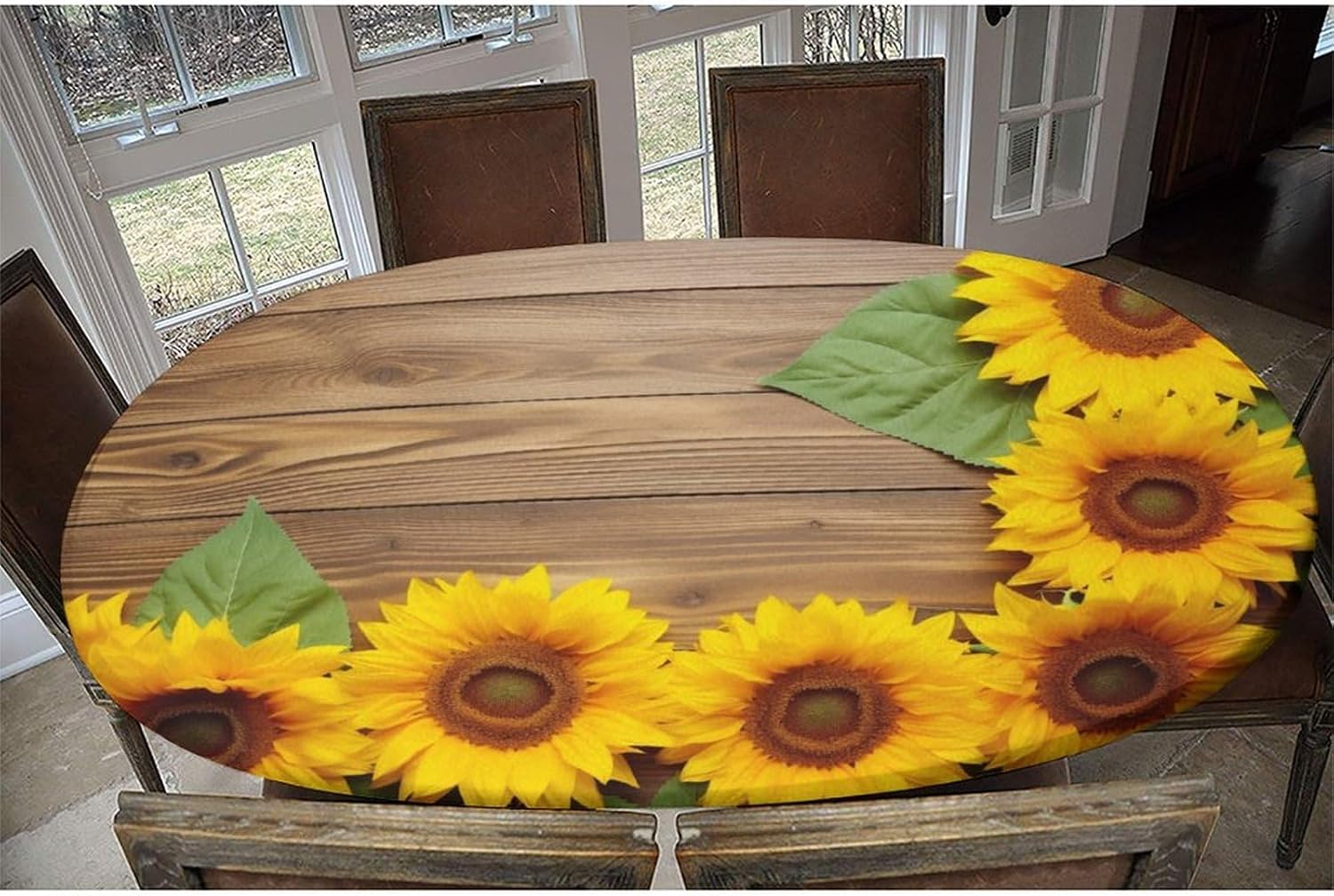 Sunflowers on Wooden Print Oval Tablecloth Fitted Leakproof & Sturdy Washable Tablecloth for Oval Table Tablecloth Oval Table for Dining/Party/Buffet/Wedding Fits for 42 x 60 Oval Table