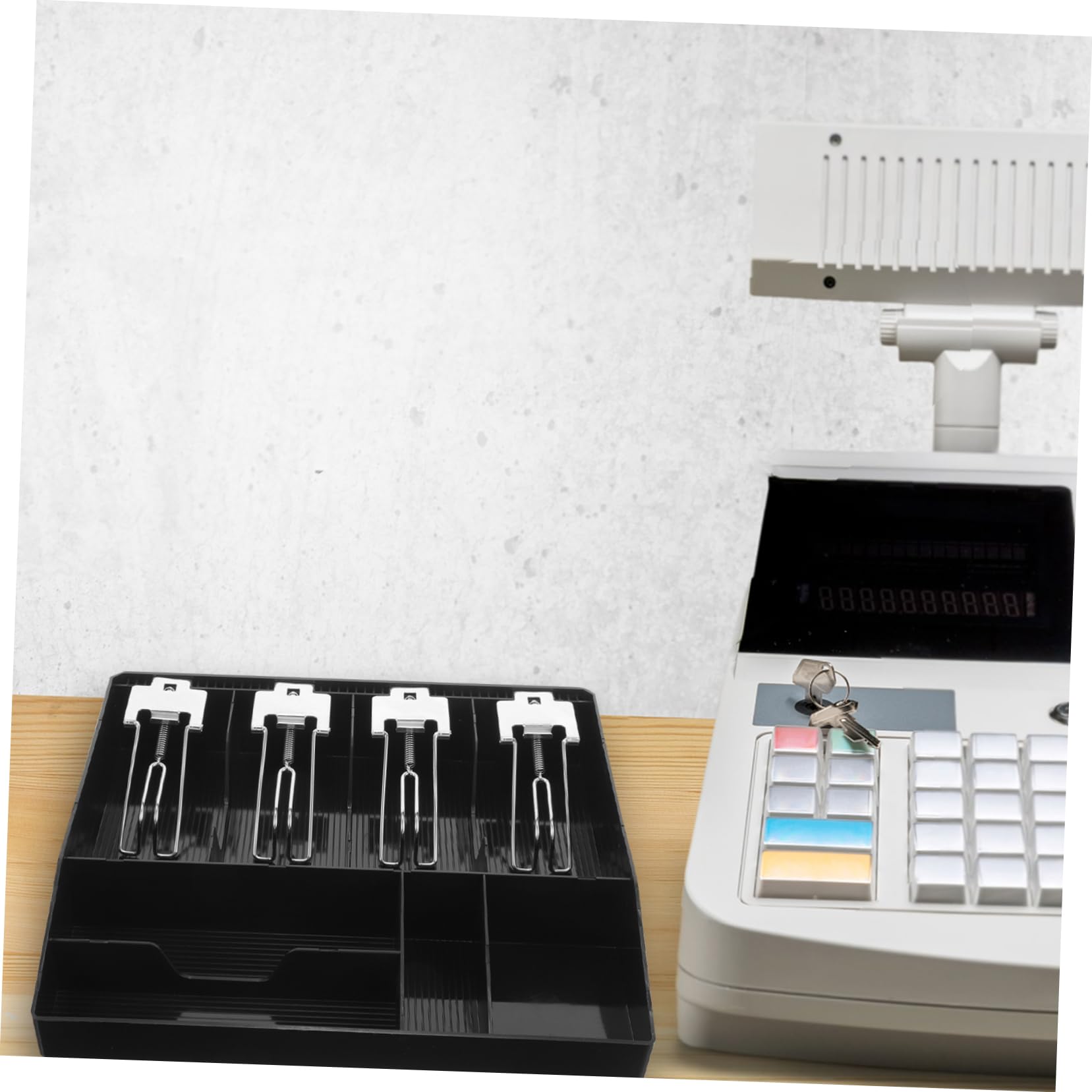 Kassenschubladeneinsatz 8-fach aus Kunststoff und Metall | Schwarz, Fachaufteilung für Papiergeld und Münzen, Clips zum Fixieren, Geeignet für Shops
