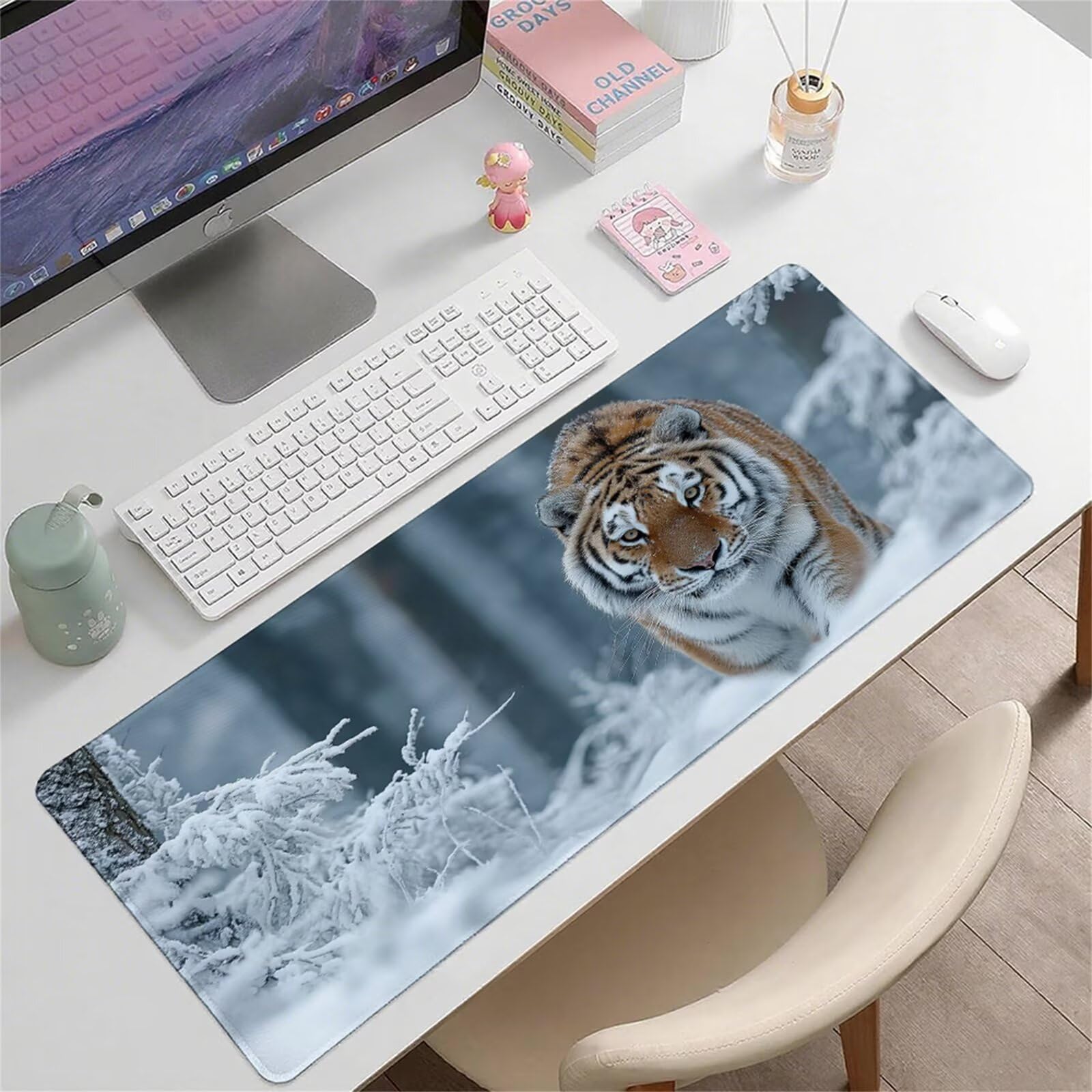 Biała podkładka pod mysz XXL 1200 x 600 x 3 mm tygrys pod rękę biurko akcesoria antypoślizgowa gumowa podstawa i szyte krawędzie podkładka pod mysz dla graczy do dekoracji biura dekoracyjnego