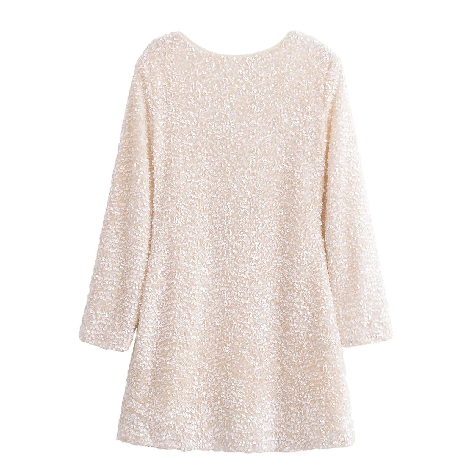 Vestido corto ajustado de lentejuelas para mujer, con cuello redondo, manga larga, para fiesta, cóctel, noche