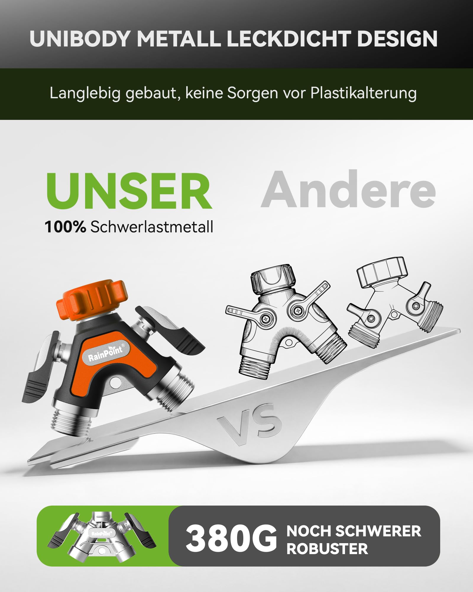 RAINPOINT 2 Wege Verteiler, Vollmetall-Schwerlast-Wasserverteiler mit 5.2cm Extra Langer Seitenhebel & Absperrventilen, Gartenschlauch Y Verteiler 3/4" & 1/2", Gleichzeitiger 2 Fach Anschluss(Orange)