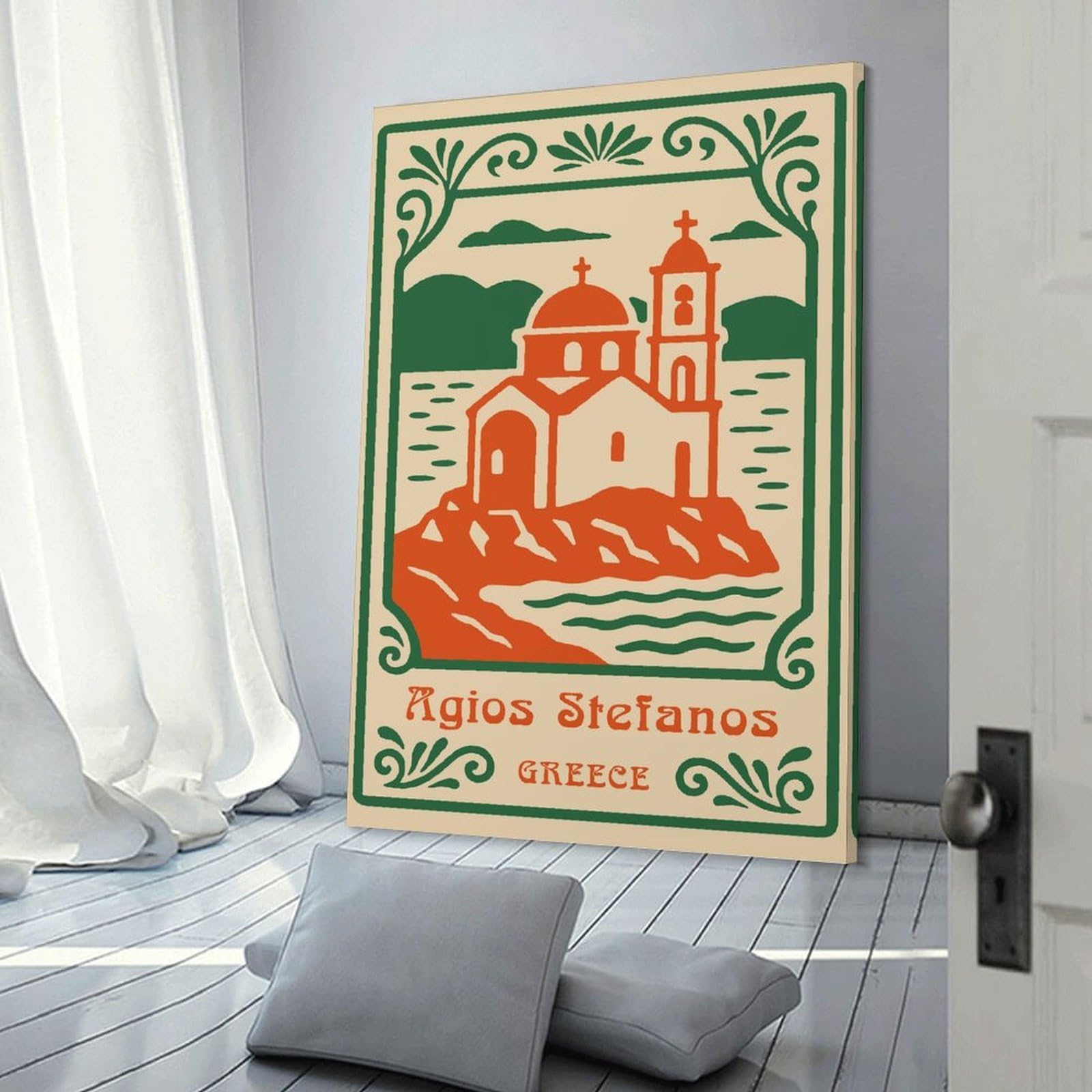 Junmoney Decorative Wall Artwork Agios Stefanos Church in Greece, 20x30inch(50x75cm), for Living Room, Lounge Or Sitting Room, Modern Wall Decor for Cosy Interiors