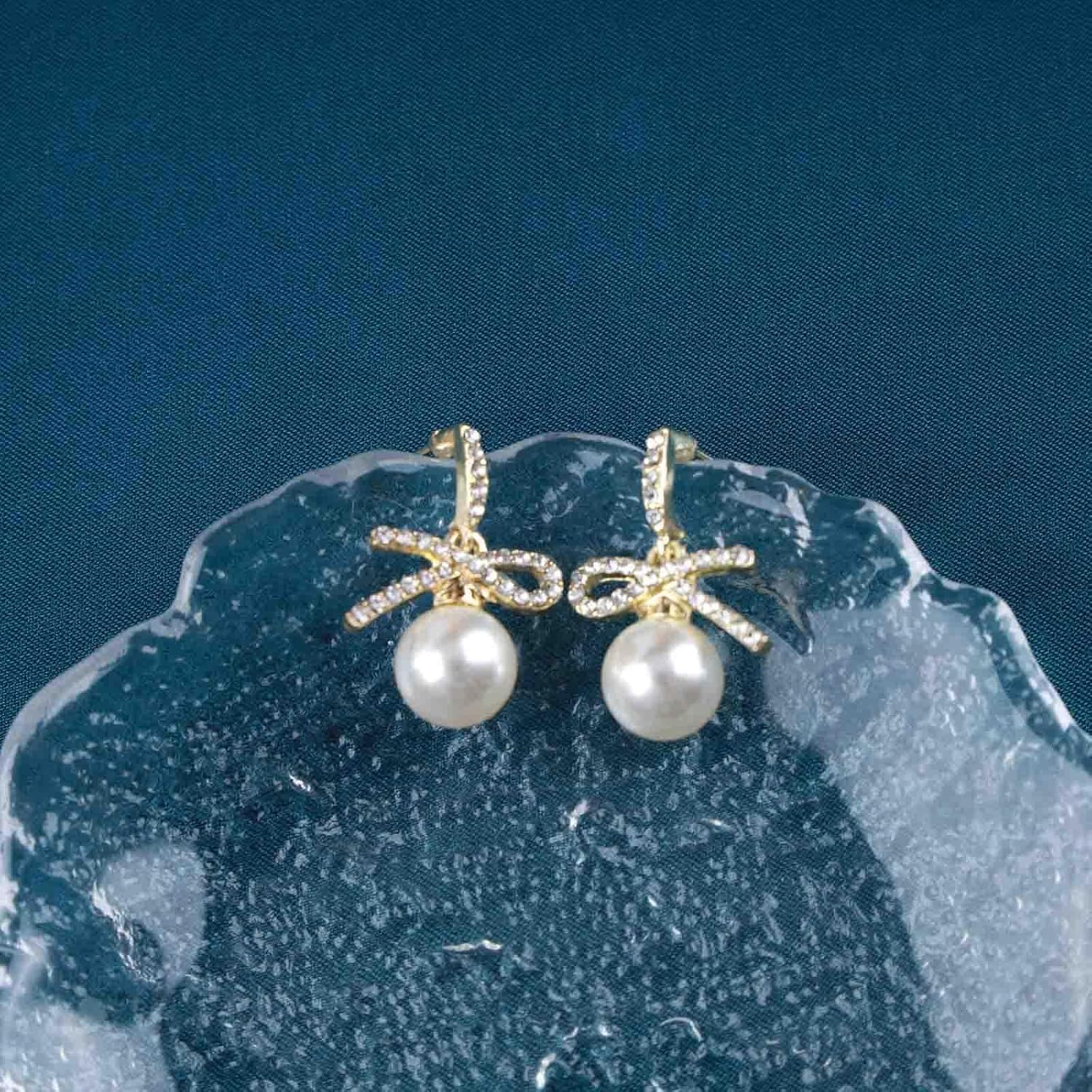 Boho Bow Pearl Drop Earrings Gold Crystal Bow Earrings Ribbon Bow Pearl Earrings Large Pearl Dangle Earrings Jewelry for Women - Image 6