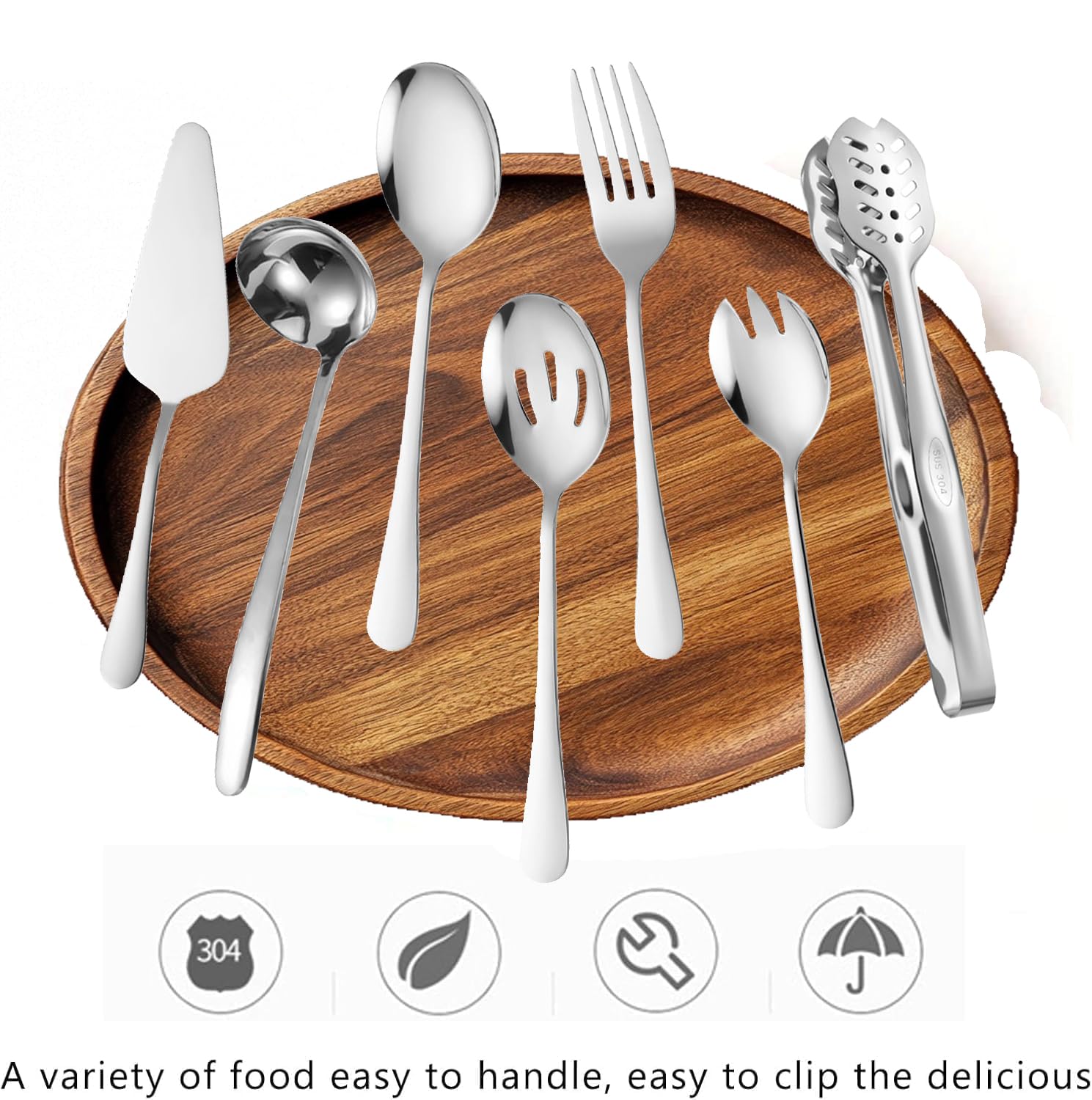 Silver Flatware - Juego de 7 piezas de acero inoxidable que incluye cucharas de servir, cuchara ranurada, pinzas para servir, tenedor de servir, tenedor de ensalada, cucharón de sopa, servidor de