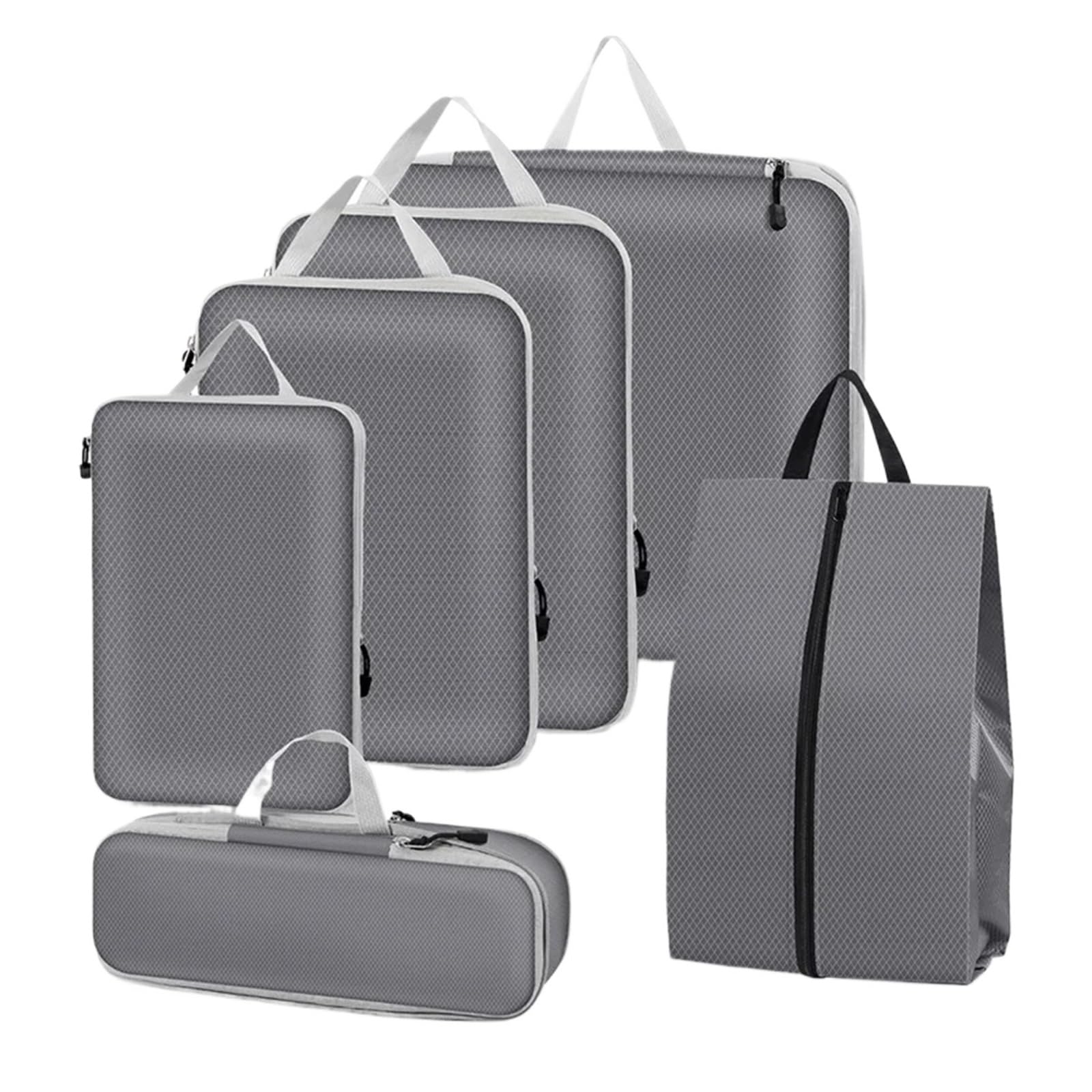 BHOUTY 6PCS Compressed Packing Cubes Travel Storage Organizer Set With Shoe Bag Mesh Visual Luggage Portable Lightweight Suitcase(Grey)