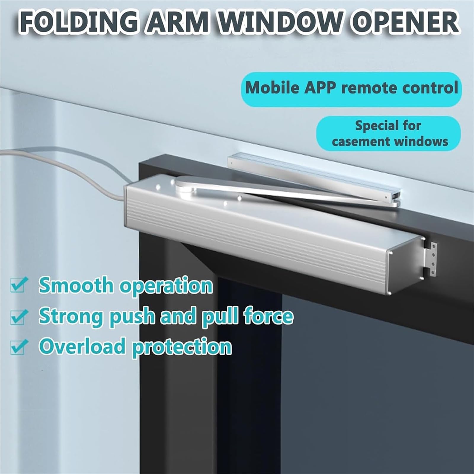 Automatischer Fensteröffner mit WLAN-Steuerung, Fernbedienung und Druckknopf, Klapparm-Design für 90°-Öffnung, ideal für die Belüftung zu Hause und Fernzugriff