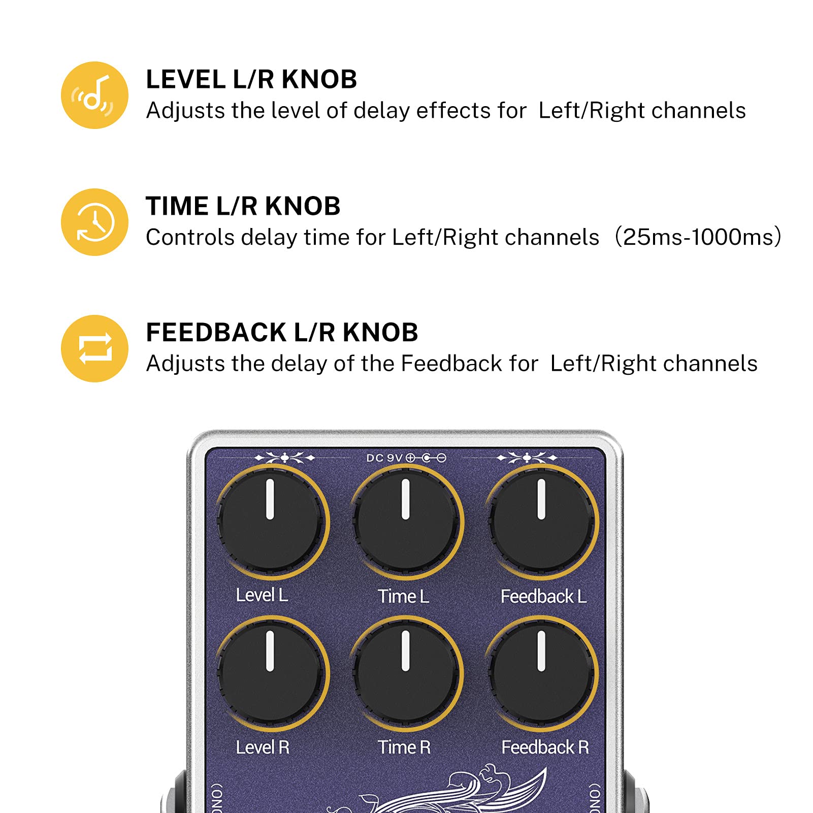 Donner Stereo Delay Pedal, Analoges Delay mit Echo Effekt, True Bypass, 2 Unabhängige Kanäle für E-Gitarre, Bass, Synthesizer, Drum Machine