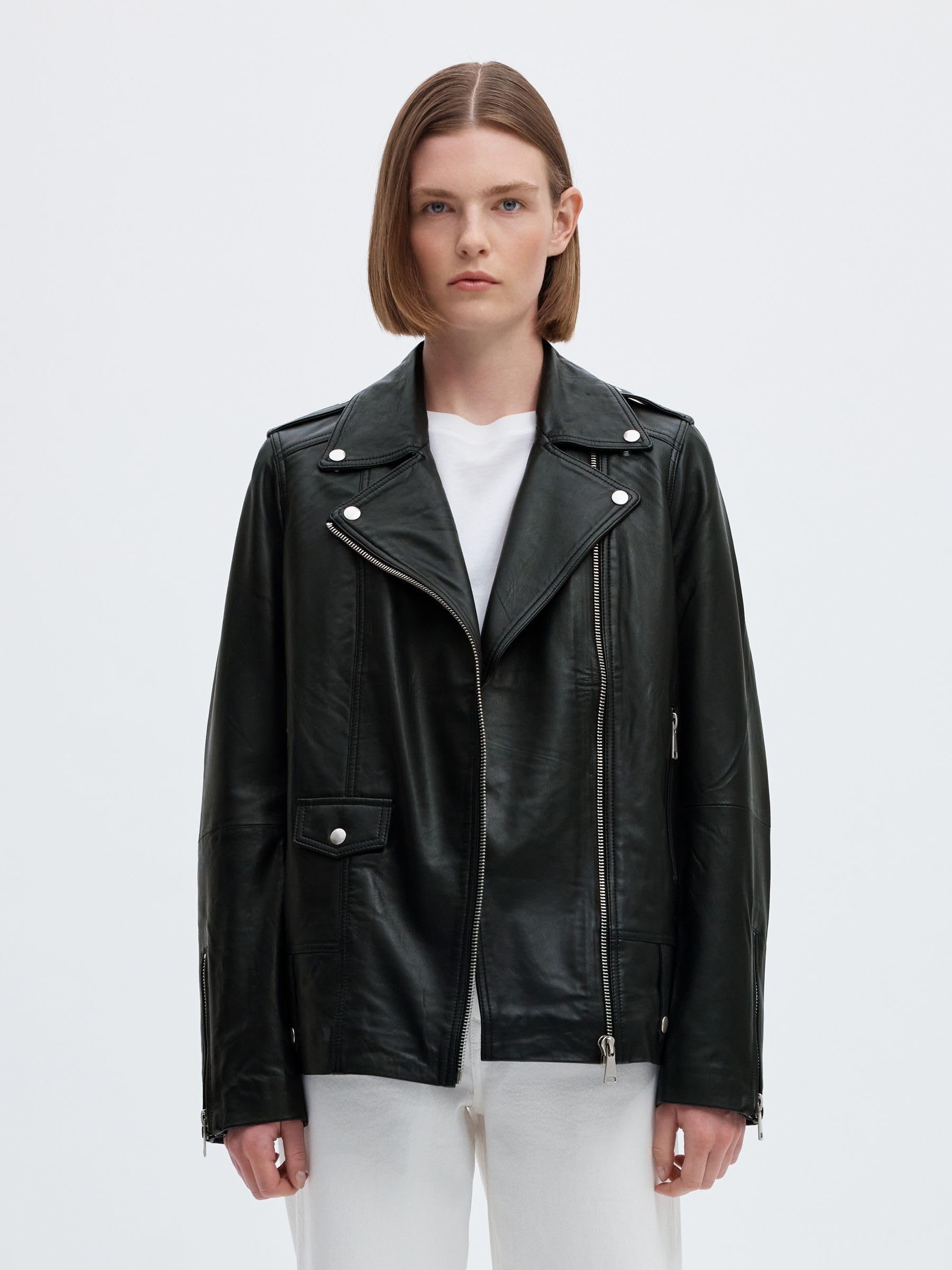 Selected damska kurtka skórzana Oversize, czarny, 40