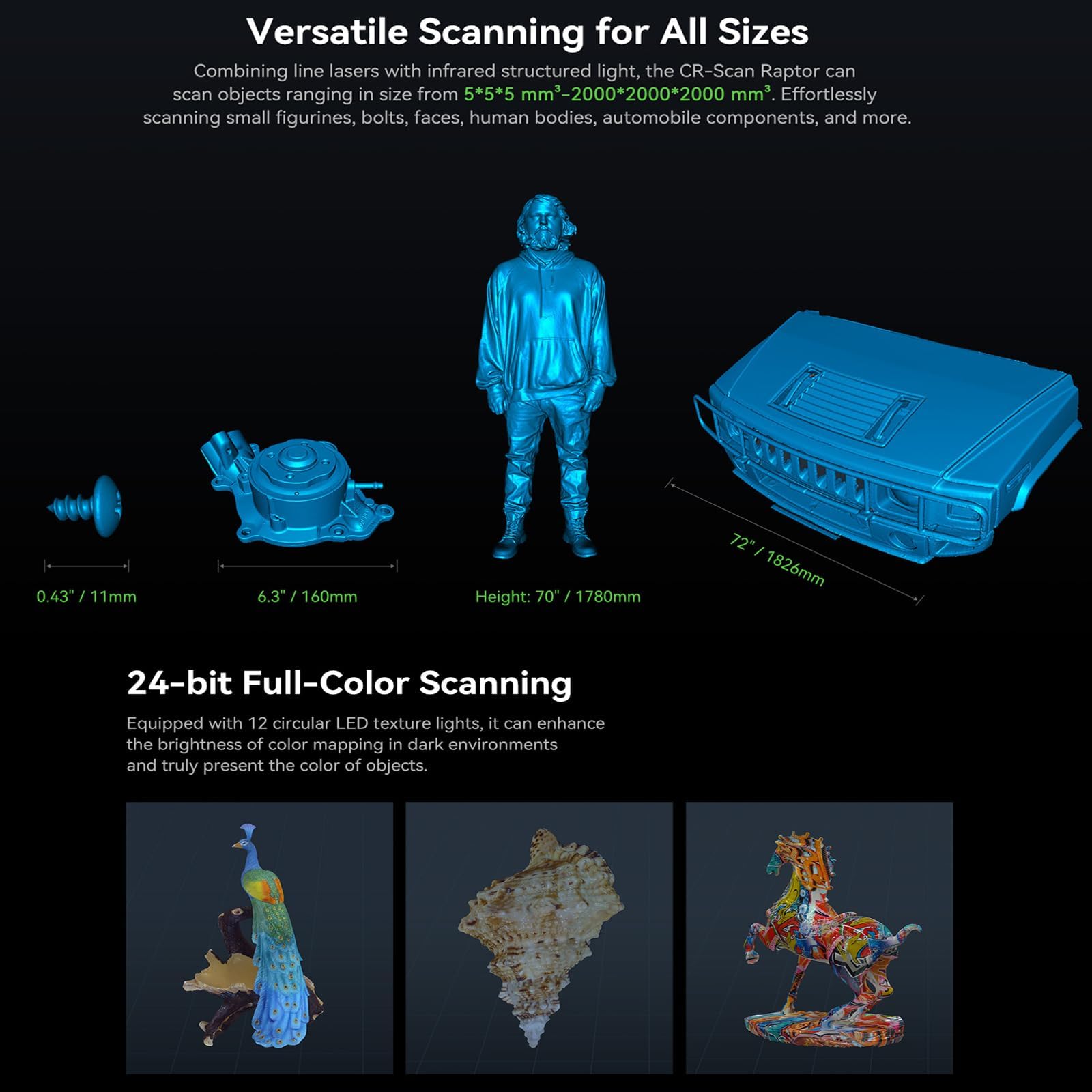 Creality Scanner 3D CR-SScan, Raptor per stampanti 3D multiriga, con tecnologia Blue & NIR, precisione 0,02 mm, tracciamento anti-agitazione, supporta oggetti da 5 a 2000 mm per Windows Mac