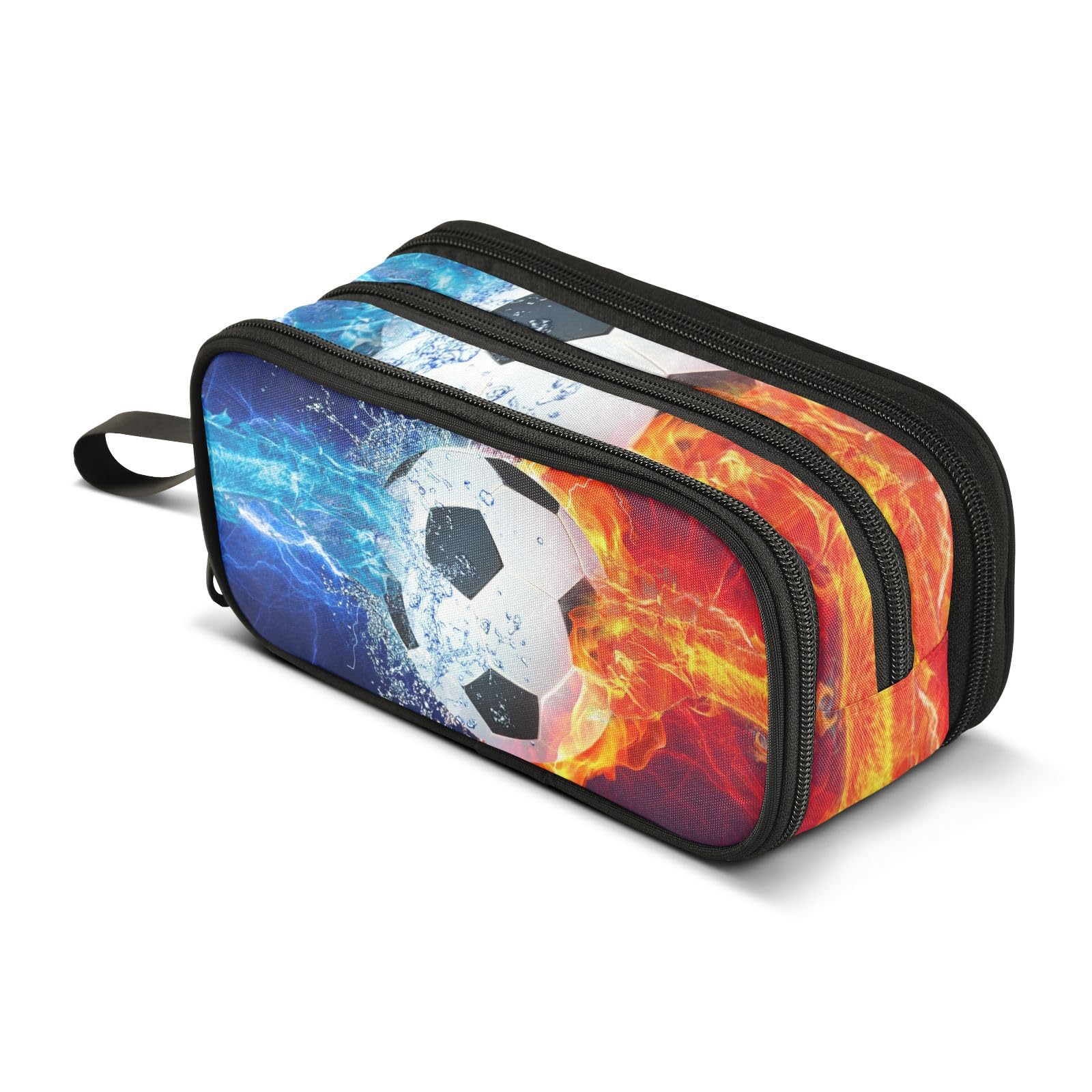 ZAZYXTJ Soccer Ball Pencil Case Large Capacity Pencil Pouch | 3 Compartment Storage Canvas Makeup Bag for School Office Teen Girl Boy Men Women
