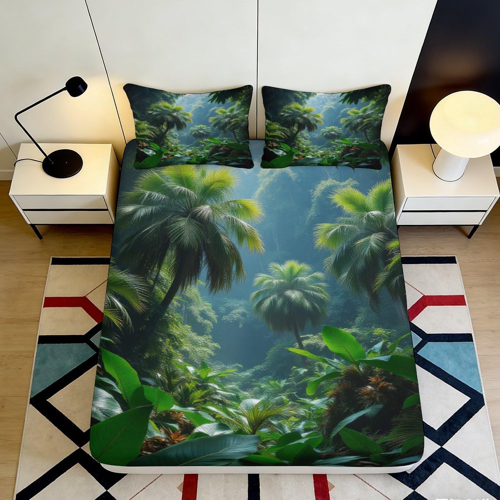 3D Printed Tropical Palm Trees Fitted Sheet Microfiber Soft Breathable Jungle Mattress Cover for Bedroom Dormitory Guest Room Mattress Protection Decor 160x200x25cm