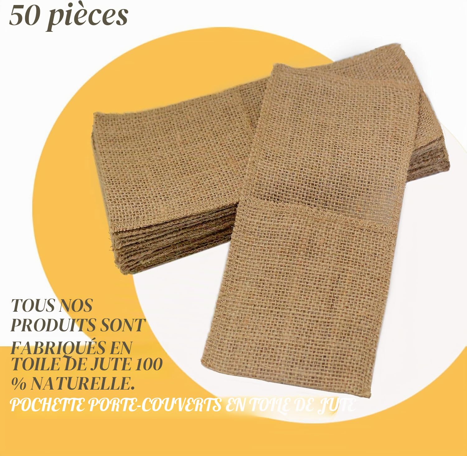 FQTANJU Lot de 50 porte-ustensiles et pochette à couverts en toile de jute naturelle, pour serviettes de table et décoration