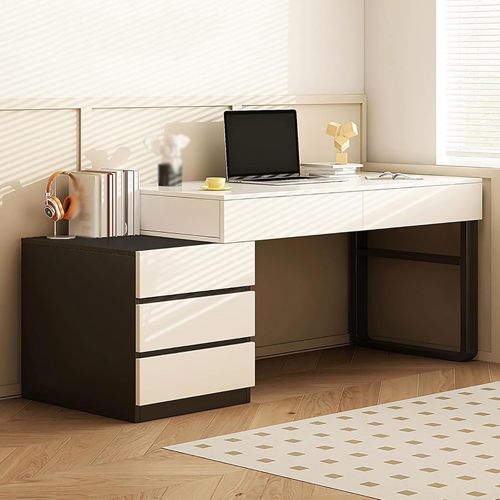 SXZenSpace Modern Office Computer Desk, Expandable Vanity with Drawers, Makeup Writing Desk Workstation, Study Metal Legs, Suitable for Study, Bedroom, Living Room B,100CM