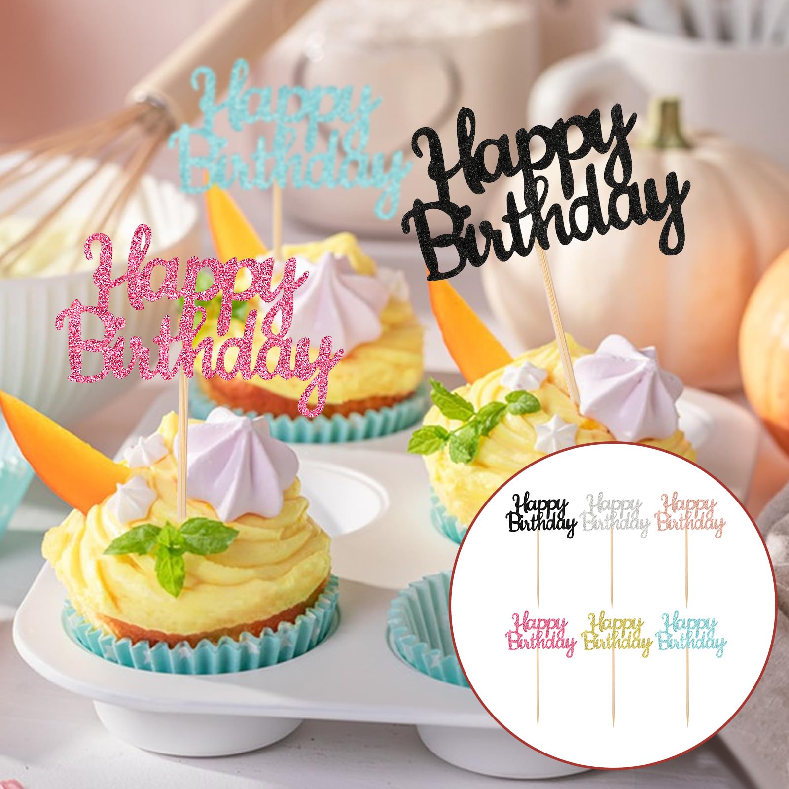 36 Pezzi Happy Birthday Cupcake Toppers - Decorazioni Per Torte Di Compleanno In 6 Colori Vivaci, Con Bastoncino In Bambù, Festa A Tema