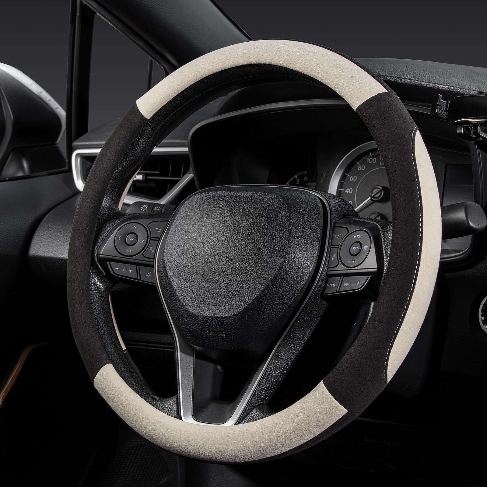 SEG DirectSuede Steering Wheel Cover for Car, Standard Size 14.5-15 inch (37-39 cm), Sport Non-Slip Automotive Interior Accessories, Black and Off-White